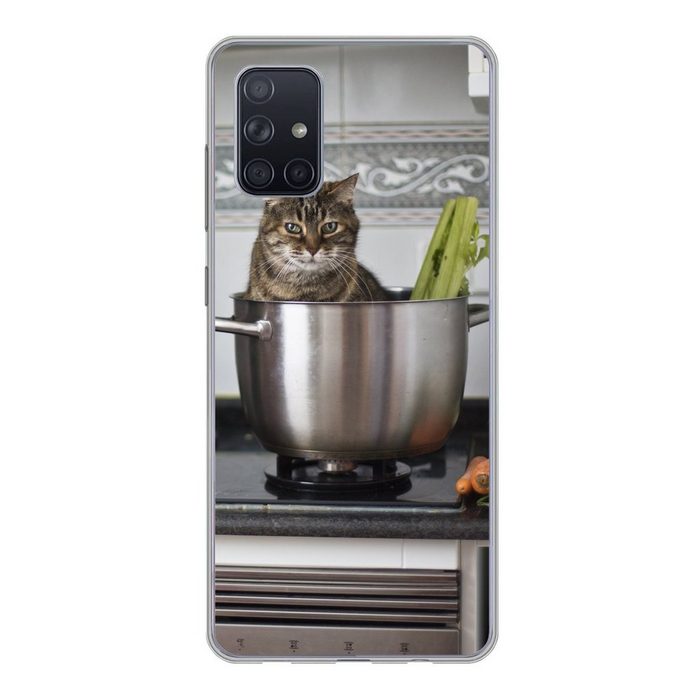 MuchoWow Handyhülle Katze - Pfanne - Küche Handyhülle Samsung Galaxy A51 Smartphone-Bumper Print Handy