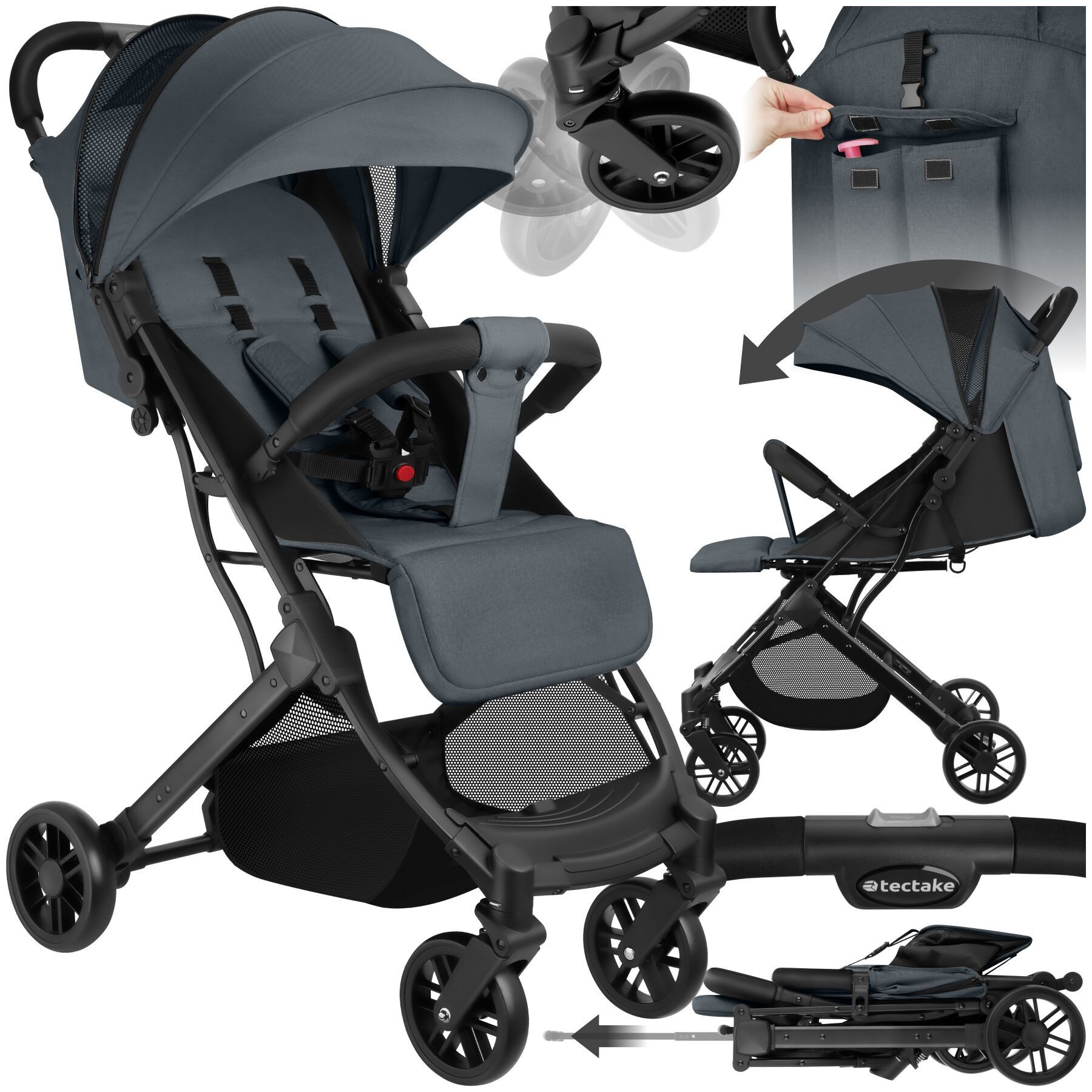 tectake Kombi-Kinderwagen Kinderwagen, 0–36 Monate, 15 kg belastbar, Einhand-Klappmechanismus, (Babywagen Finn), 5-Punkt-Gurt, Feststellbremse, Rücken- & Beinablage verstellbar