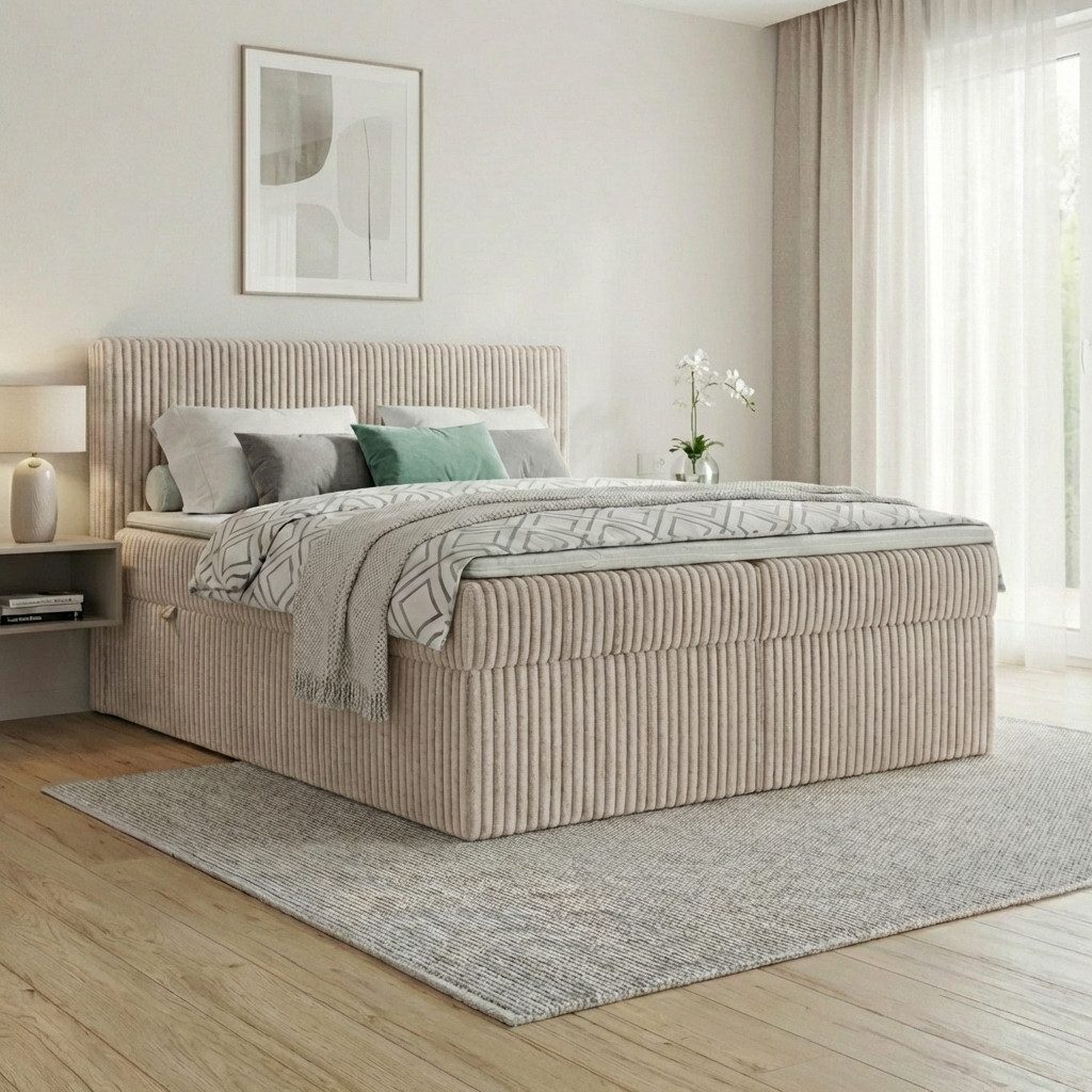 A&J MöbelLand GmbH Boxspringbett RALF mit Bettkasten, Topper und gepolstertem Kopfteil. (Boxspringbett mit Bettkasten und gepolstertem Kopfteil)