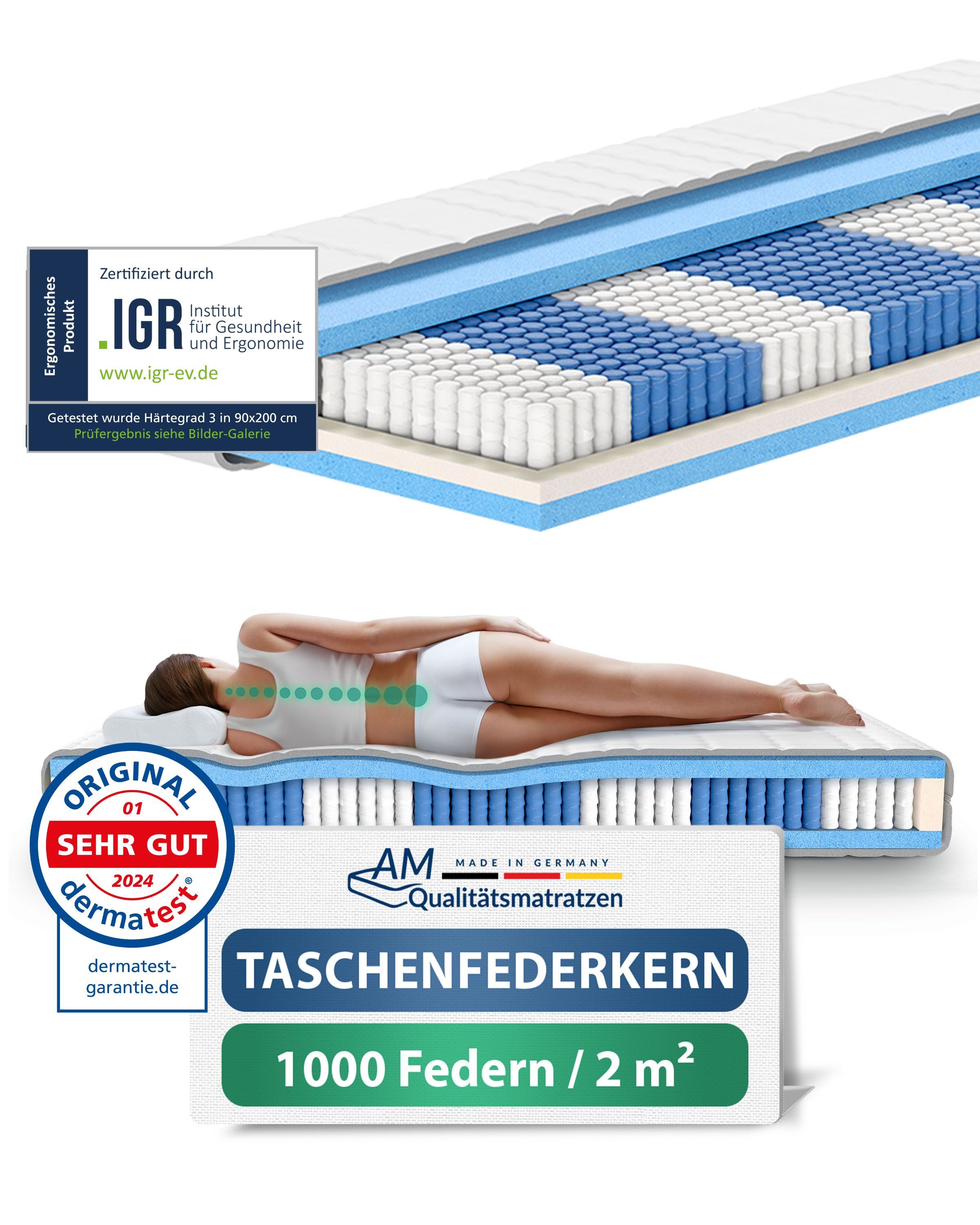 Taschenfederkernmatratze 1000 Federn, 7-Zonen Federkernmatratze, Besonders Anpassungsfähig, AM Qualitätsmatratzen, 24 cm hoch, 80x200 cm