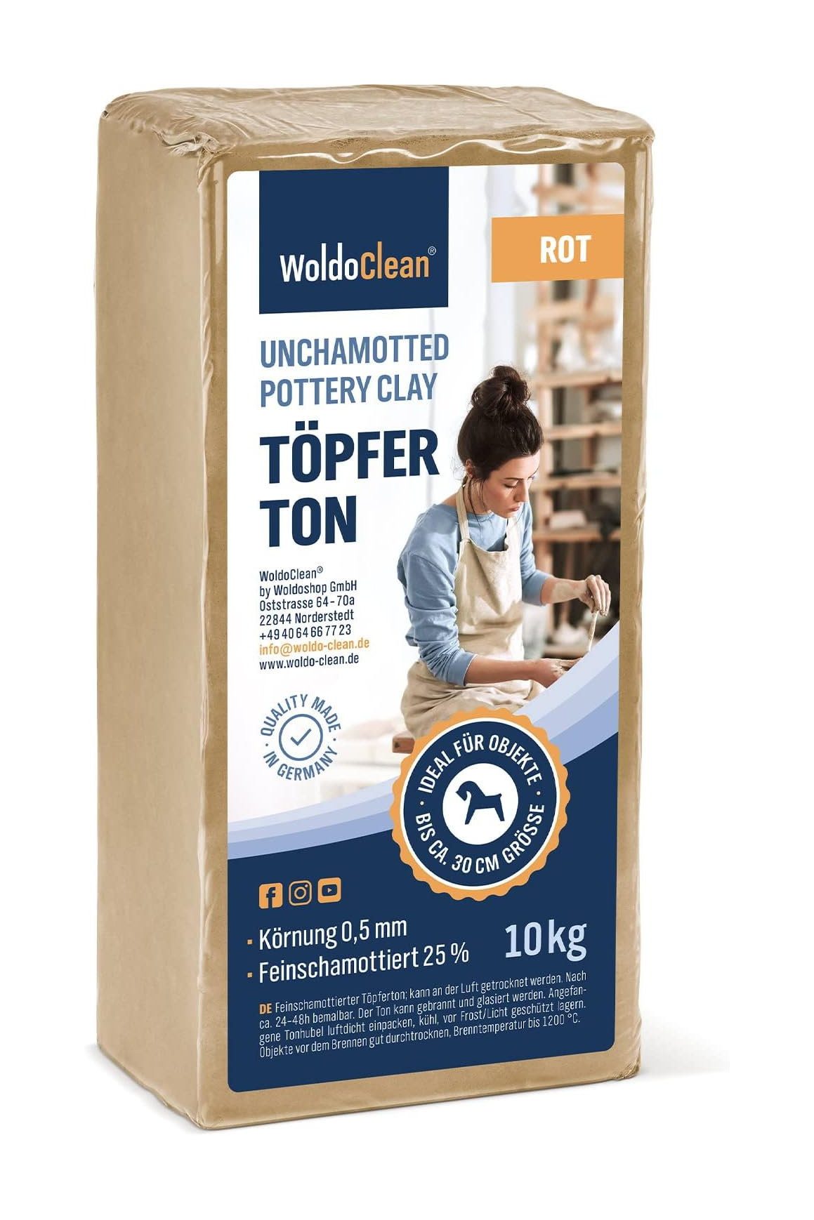 dynamic24 Modelliermasse Woldoclean, Tonmasse Töpferton 10kg rot lufttrocknend 0,5mm feinschamottiert
