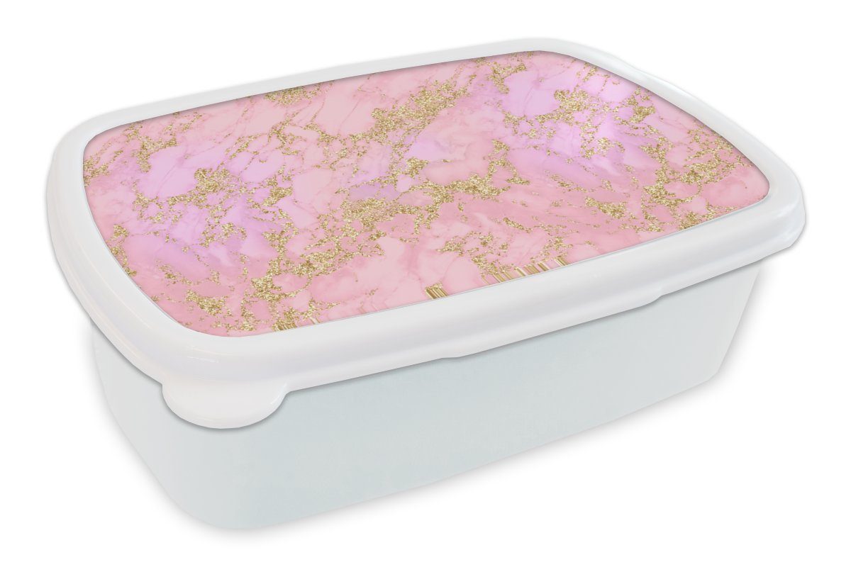 MuchoWow Lunchbox Glitter - Gold - Marmor - Muster, Kunststoff, (2-tlg), Brotbox für Kinder und Erwachsene, Brotdose, für Jungs und Mädchen weiß