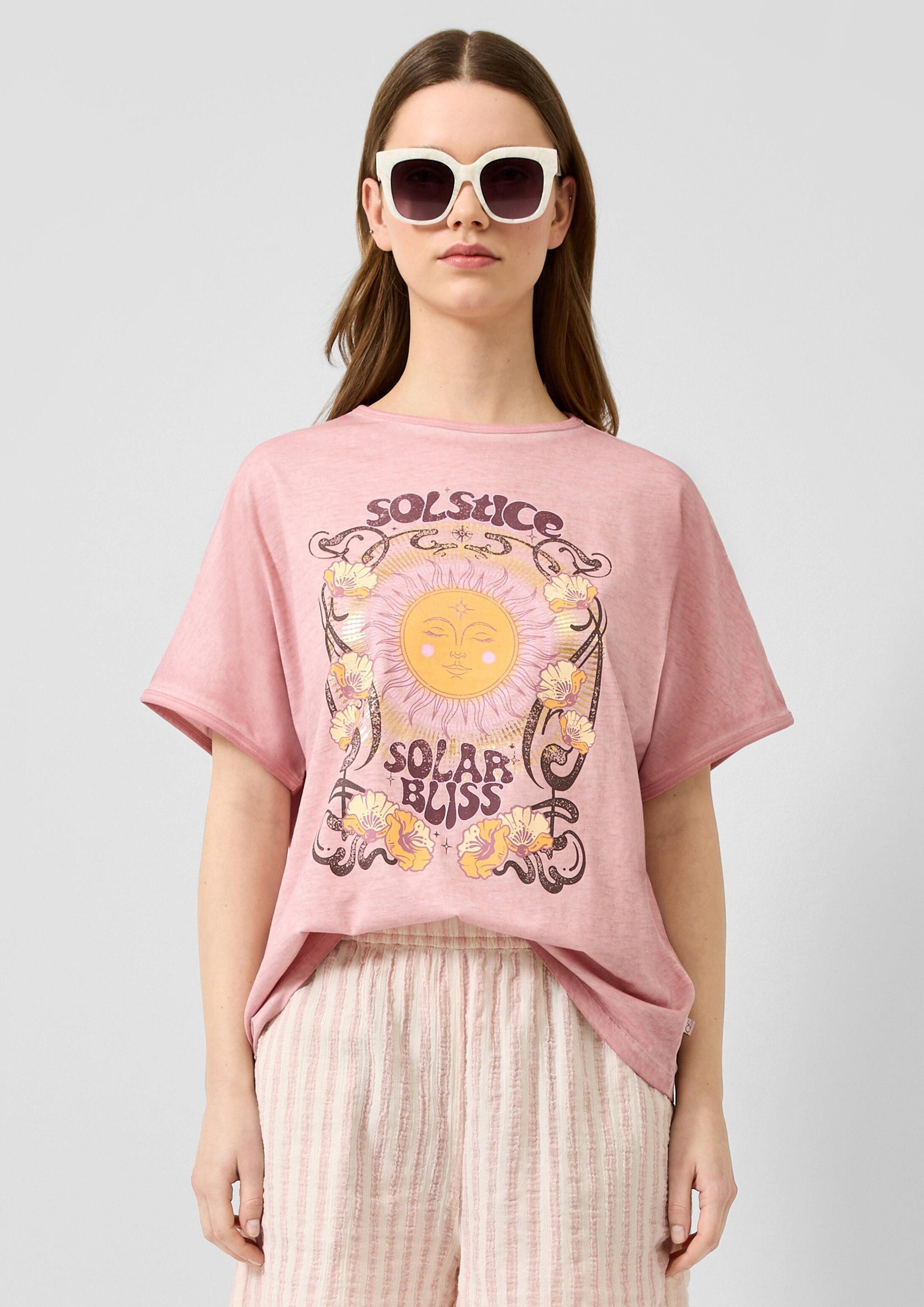 QS Kurzarmshirt T-Shirt Gewaschenes Print-Shirt mit überschnittener Schulter