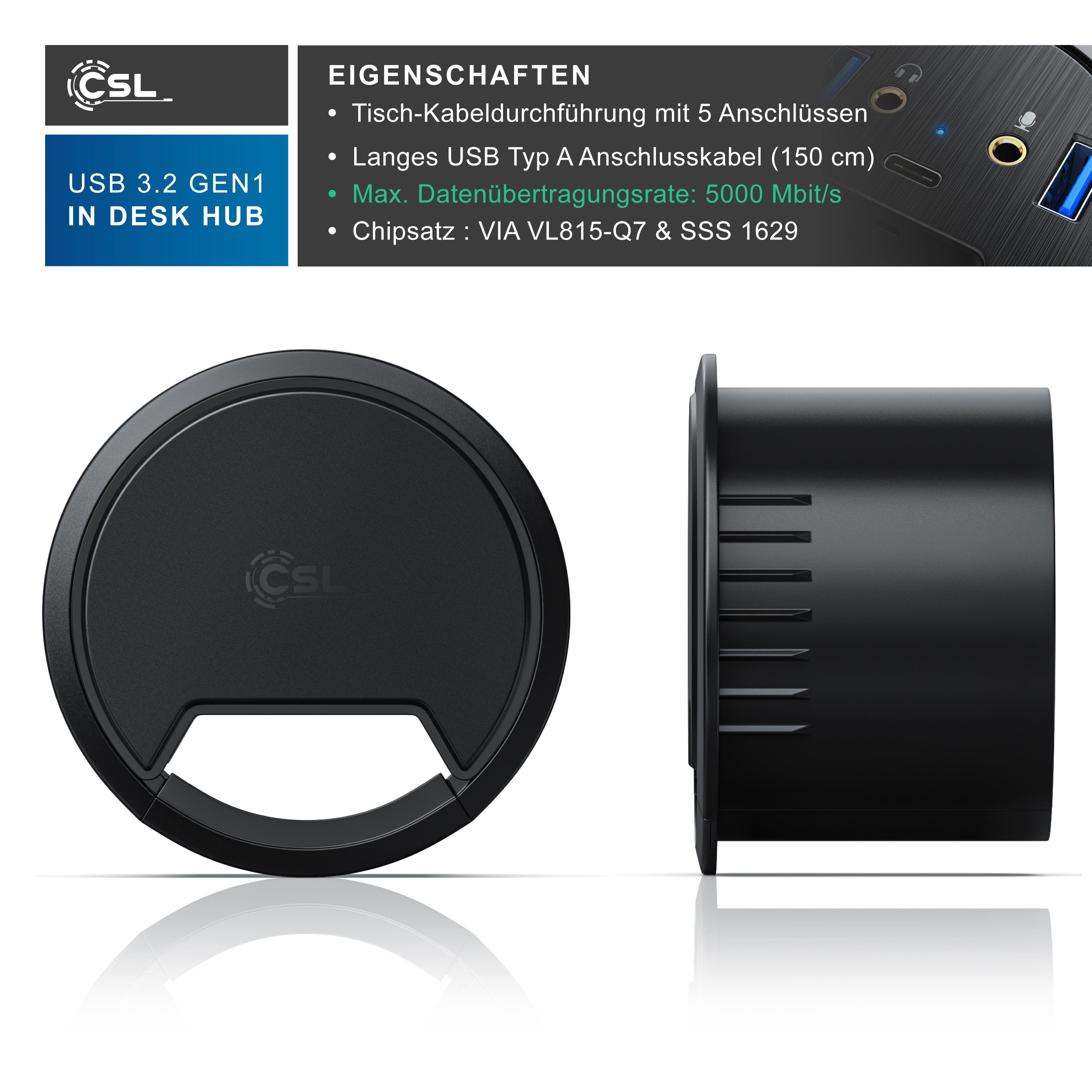 CSL Tisch Kabeldurchführung Hub 2x USB 3.2 Gen1 Typ A, 1x USB-C, 2x 3,5mm Computer-Adapter, Tischkabeldose, Klinke AUX Audioanschlüsse für Lautsprecher & Mikrofon