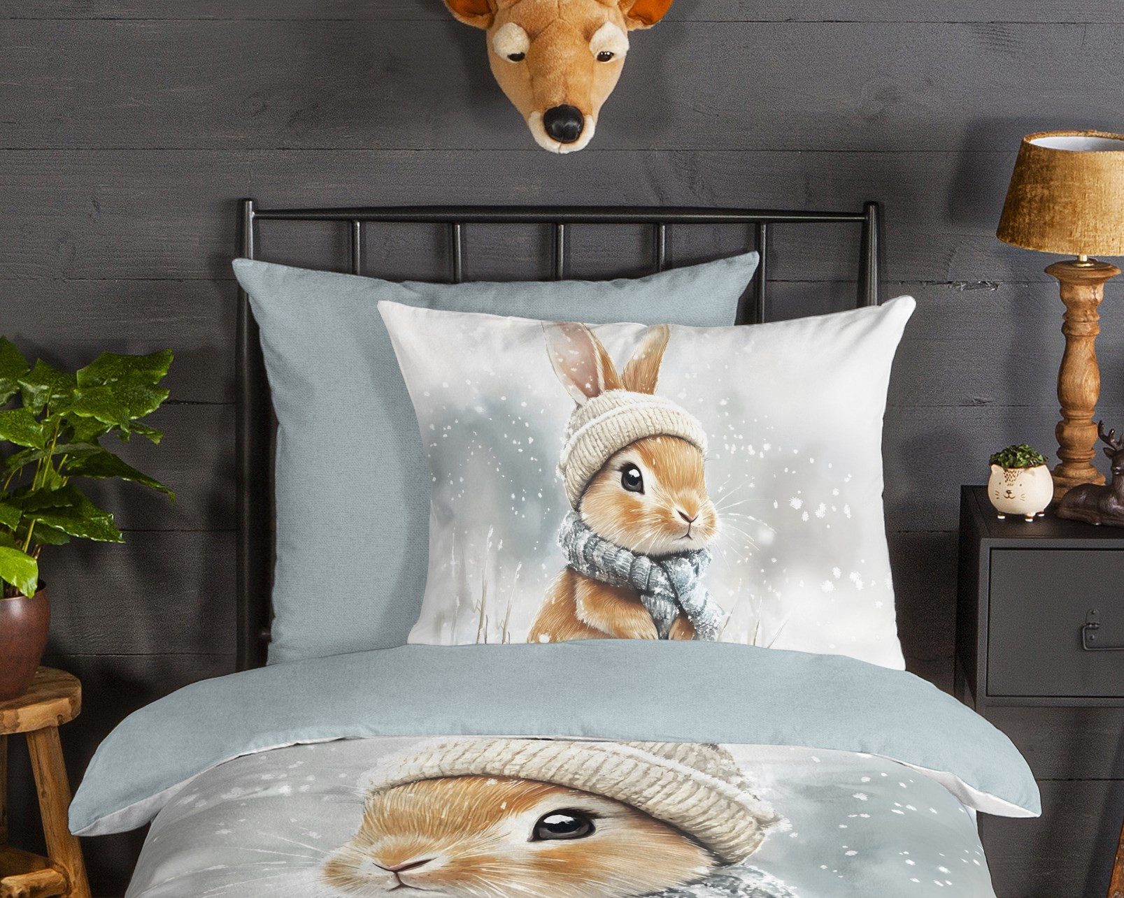 good morning Kinderbettwäsche Idun, Biber, Flanell, 2 teilig, Flanell Biber, 135x200, Warm, Reißverschluss, Wende, Kind, Hase – Bild 3 von 5