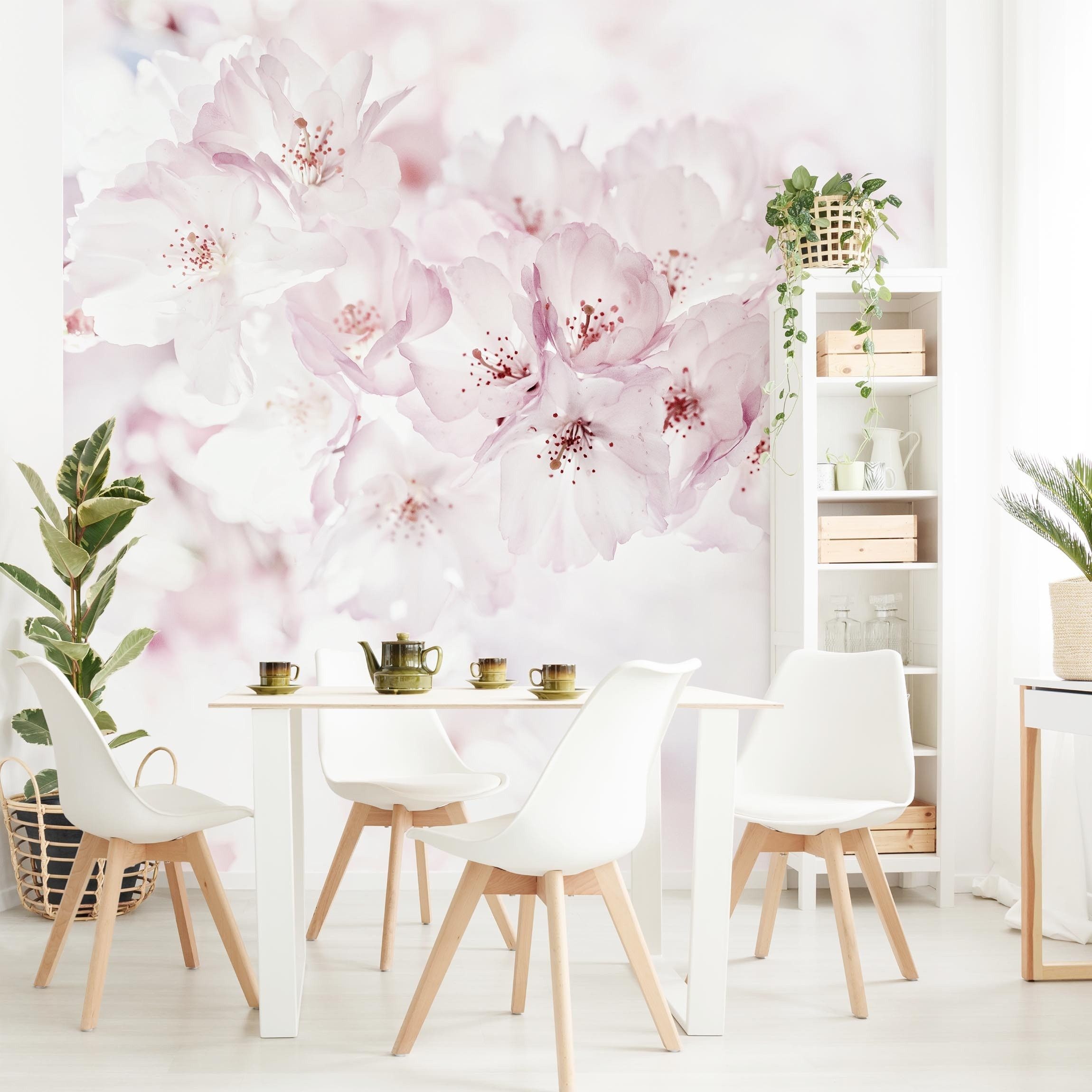 Bilderdepot24 Fototapete Blumen Kirschblütenhauch Blumentapete Floral Natur Modern Kunst, Glatt, Matt, (Vliestapete inkl. Kleister oder selbstklebend), Wohnzimmer Schlafzimmer Küche Flur Motivtapete Vliestapete Wandtapete