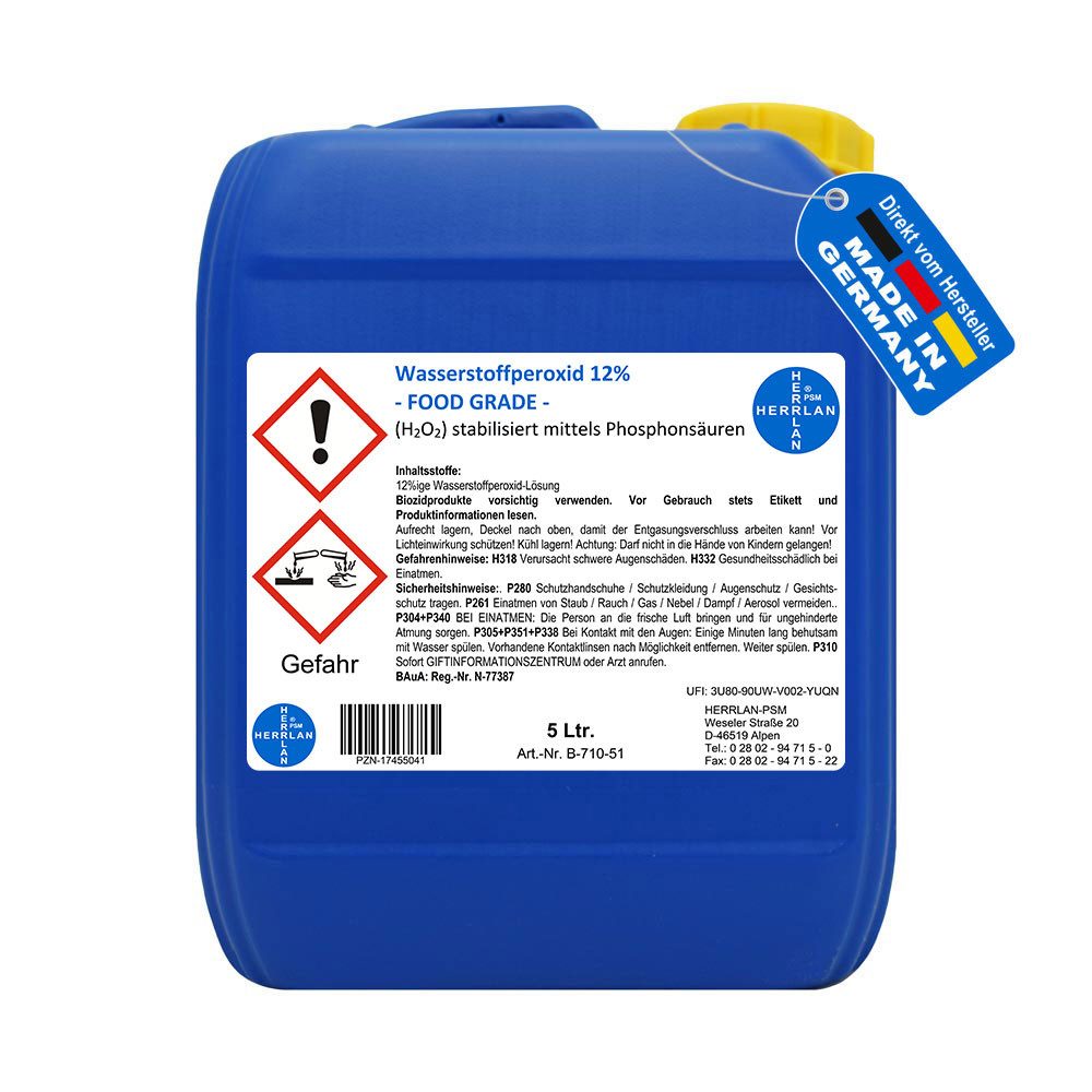 HERRLAN Wasserstoffperoxid 12% FOOD GRADE I HERRLAN-Qualität Oberflächen-Desinfektionsmittel (5 Liter)