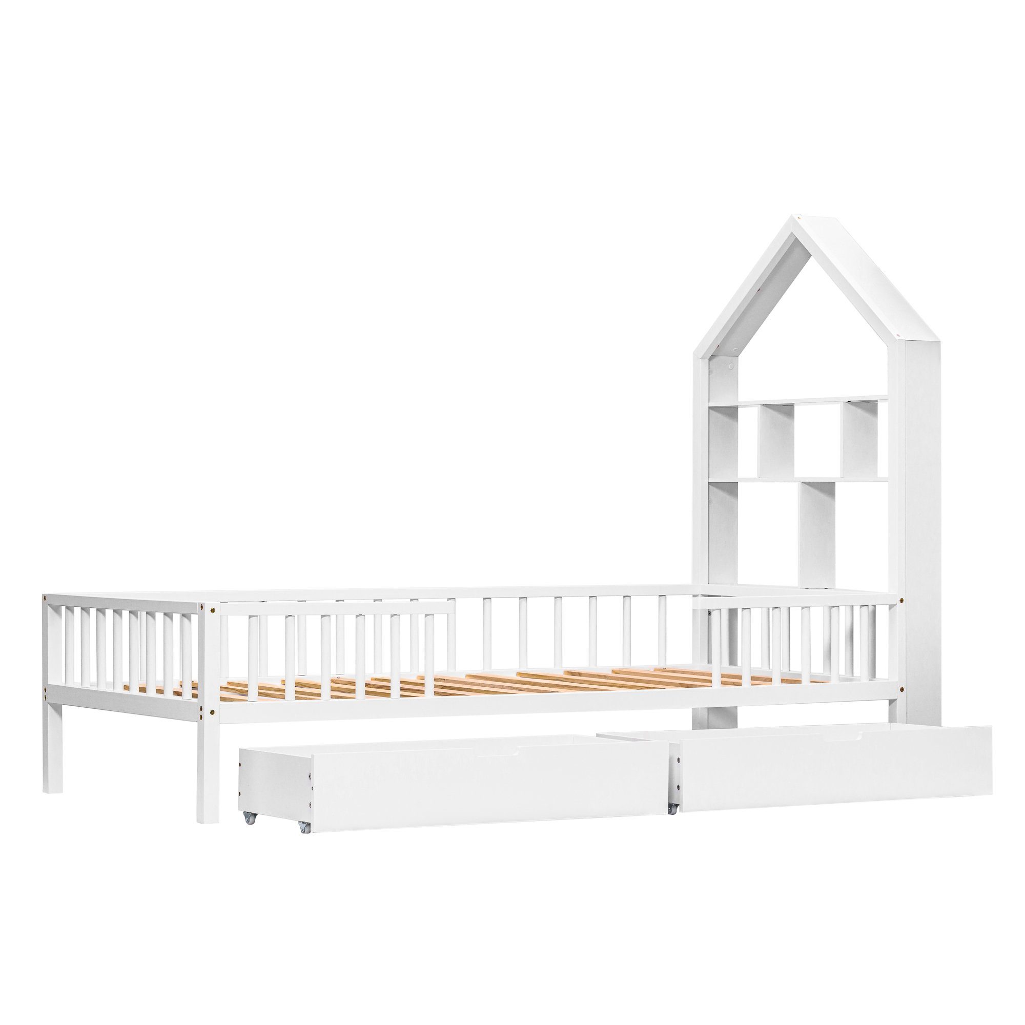 Jugendbett SPLOE HAUSS (Kopfteil Einzelbett Schubladen, Weiß mit Holzbett Holzbett Bettgestell Kinderbett 2 Bücherregal, Kieferholz, Rausfallschutz), mit Hausbett aus Holzbett