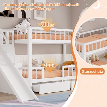 OKWISH Etagenbett Kinderbett (mit 2 Schubladen,ohne Matratze), mit Rutsche und Treppen,massivholz,90*200