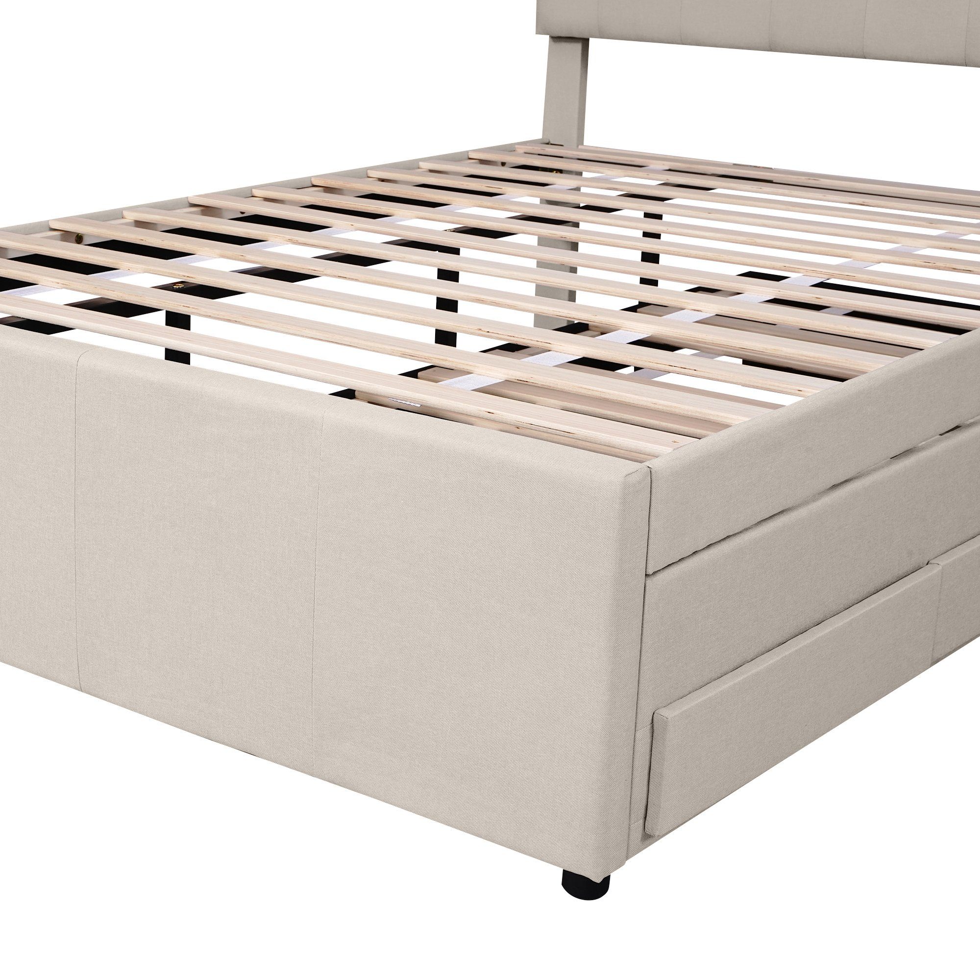 Bett OKWISH Familienbett, beige ausziehbares (mit Kopfteil), drei Polsterbett Matratze 140x200cm Ehebett, Ohne Verstellbares Schubladen, Doppelbett,