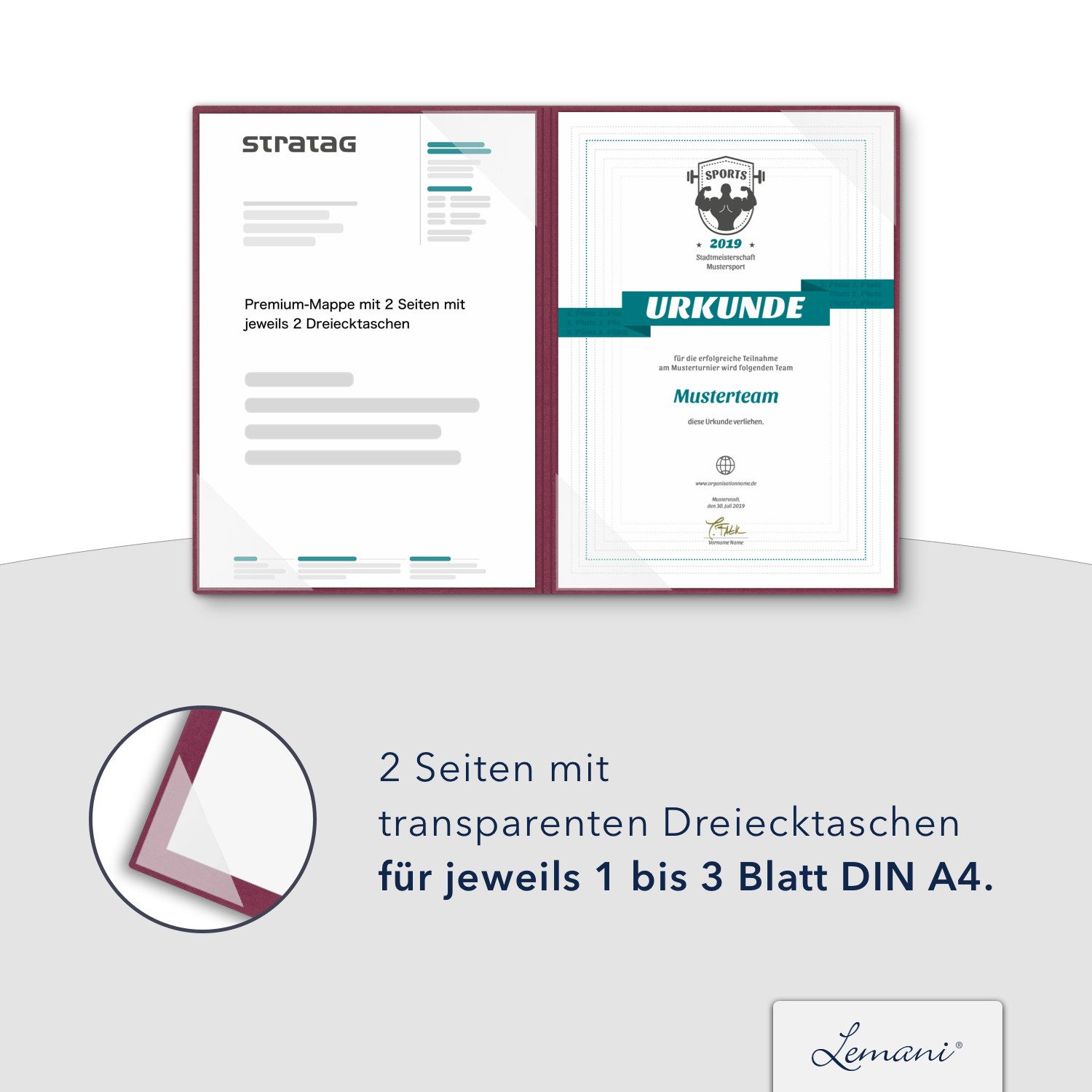 STRATAG Organisationsmappe Urkundenmappen Lemani® BASIC-plus - 5 Stk 2-tlg glatter Premium-Karton (Set, 5-St., Premium-Qualität mit hochwertiger Prägung URKUNDE), direkt vom Hersteller STRATAG - handgefertigt in Deutschland