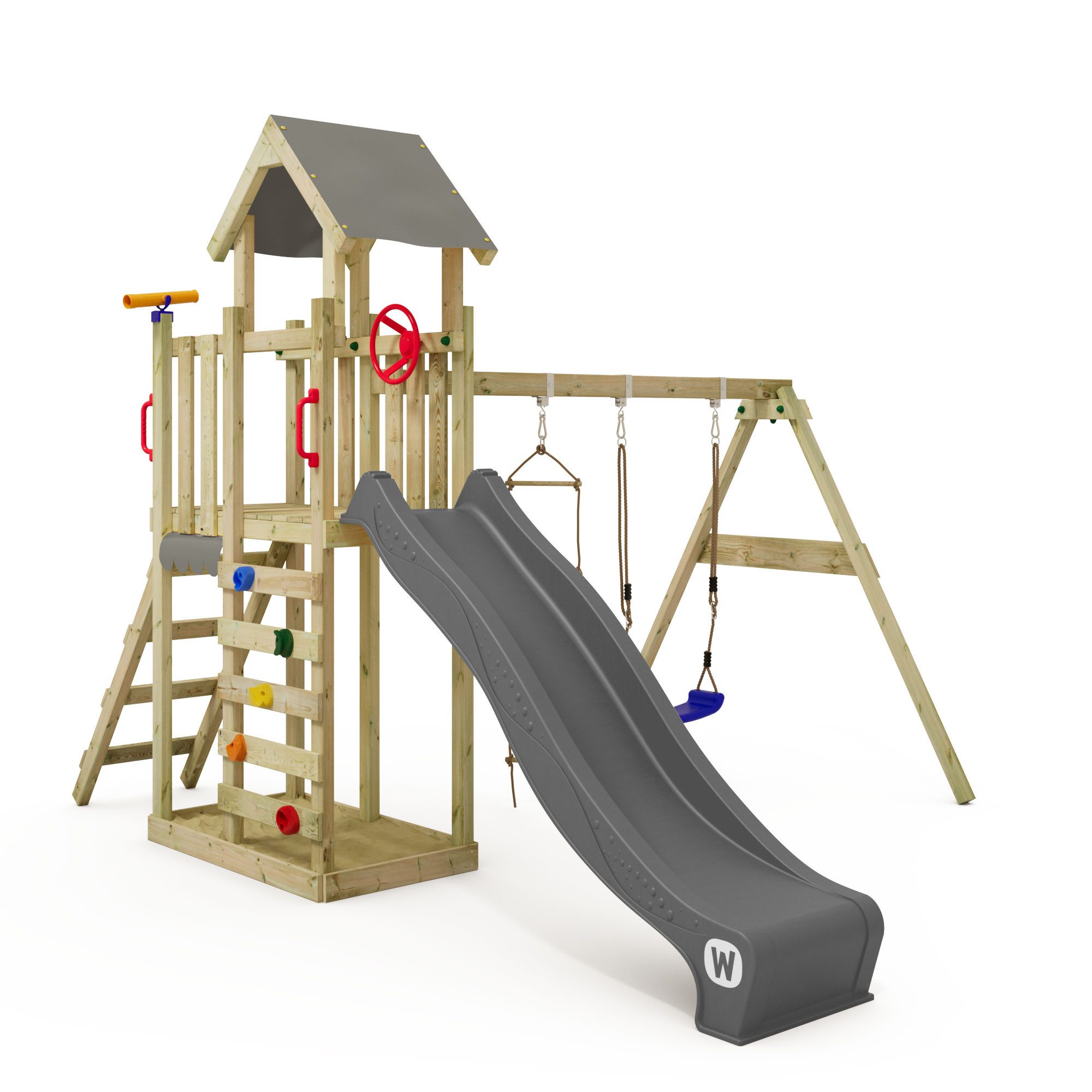 Wickey Klettergerüst MultiFlyer Light Spielturm mit Schaukel, Rutsche und Sandkasten, (mit Kletterwand und Klettersteinen, - Einstiegsmodell), 10-Jahre Garantie*, Kletterleitern, Sandkasten