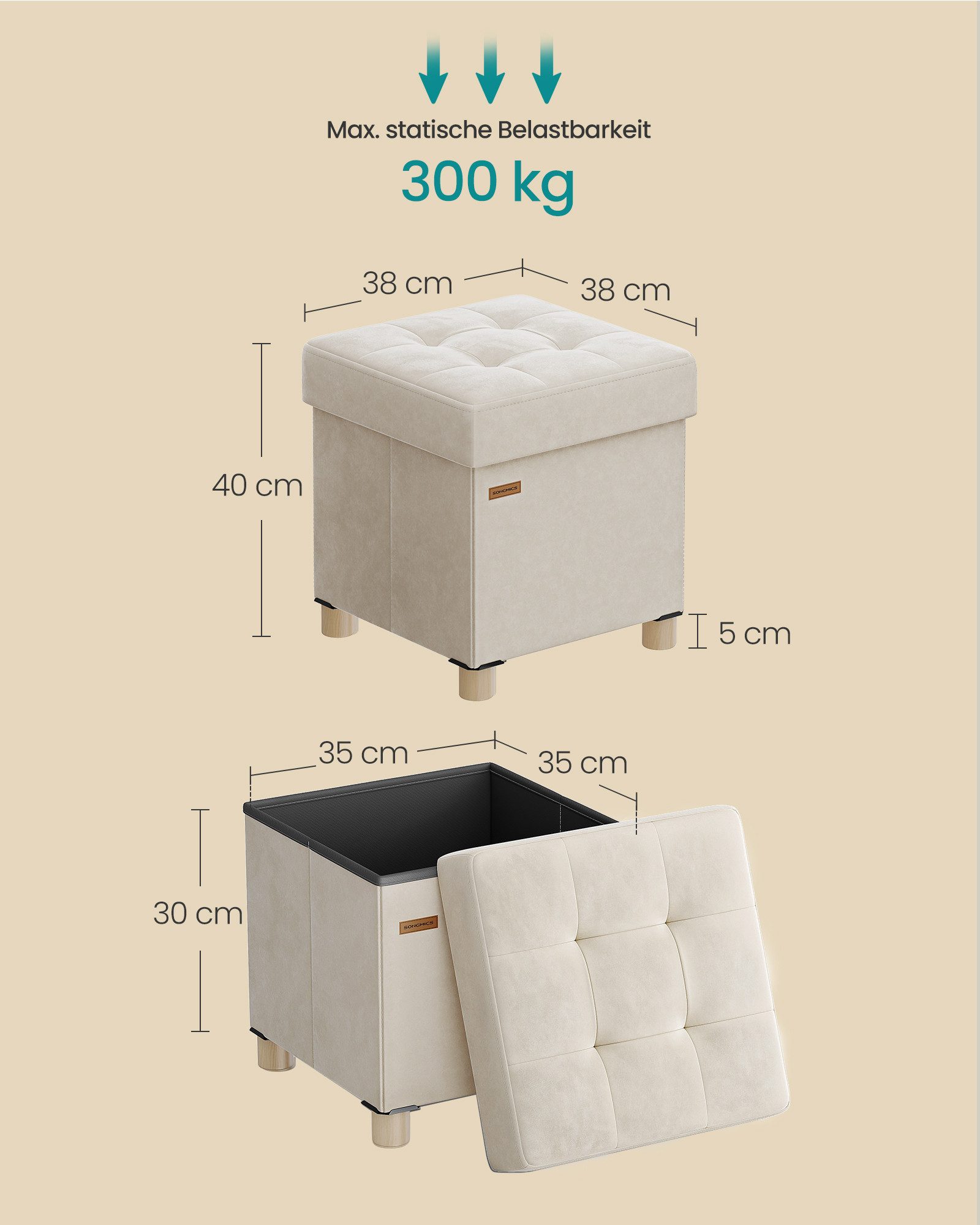 SONGMICS Sitzhocker mit Stauraum, Hocker faltbar, 38 x 38 x 40 cm, Fußhocker 37 L, Aufbewahrungsbox mit Deckel, bis 300 kg belastbar, cappuccinobeige