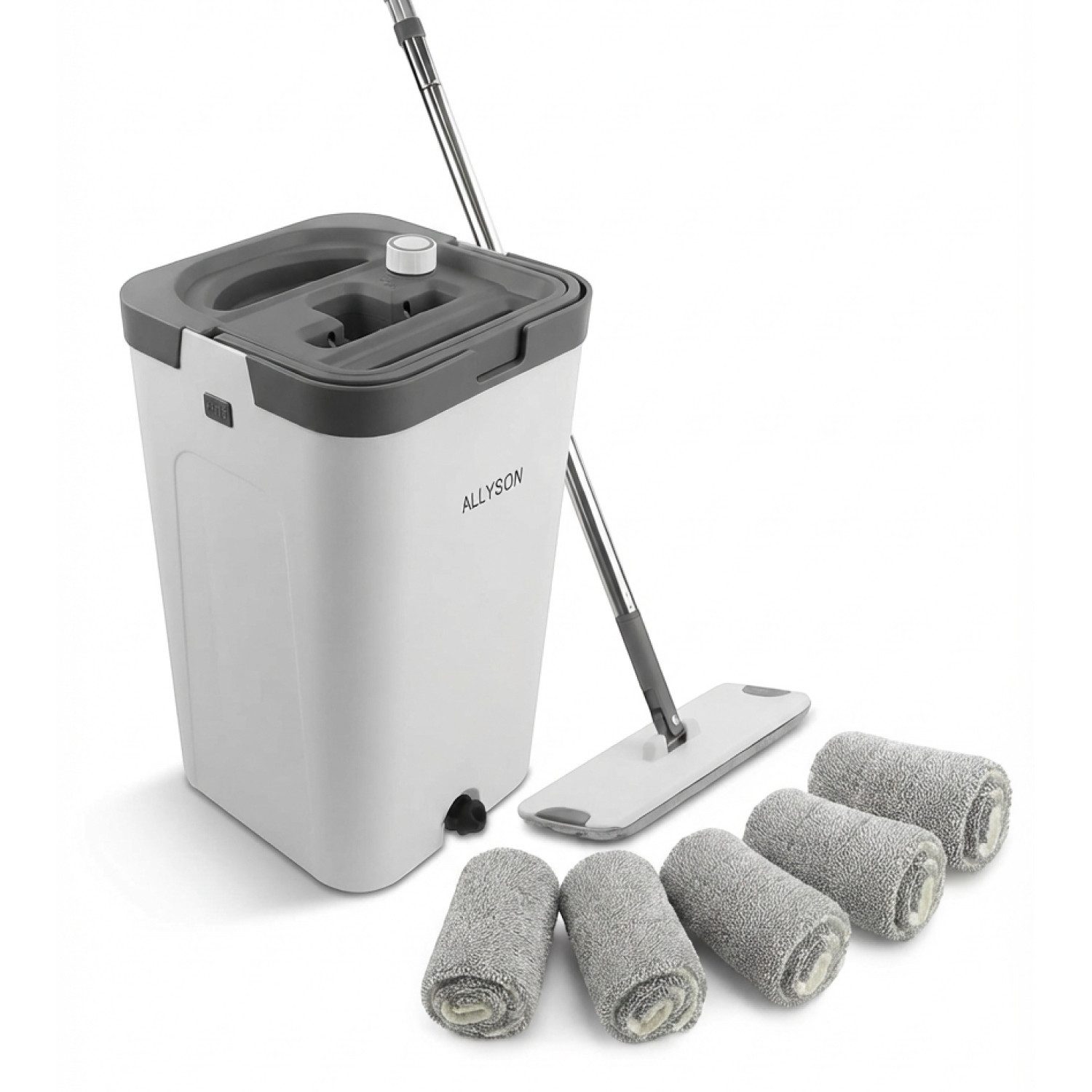 Allyson Putzeimer Bodenwischer Set mit Eimer, trennt Schmutz von Frischwasser, (Komplett-Set für alle Hartböden), 3-Kammer-System, 5 Mops inklusive, 3,5cm flach, 360° Gelenk