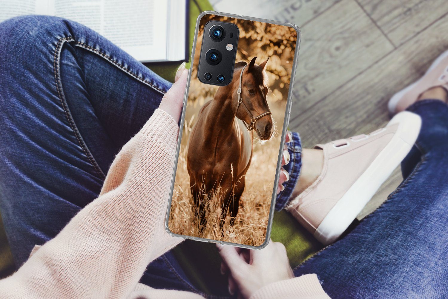 MuchoWow Handyhülle für OnePlus 9 Pro Pferd - Sonne - Porträt - Natur - Braun, Phone Case, Silikon, Schutzhülle Dünn