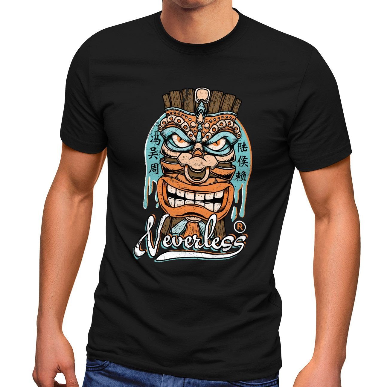 Neverless Print-Shirt Herren T-Shirt Tiki Maske Totem Figur Hawaii Fashion Streetstyle mit Print