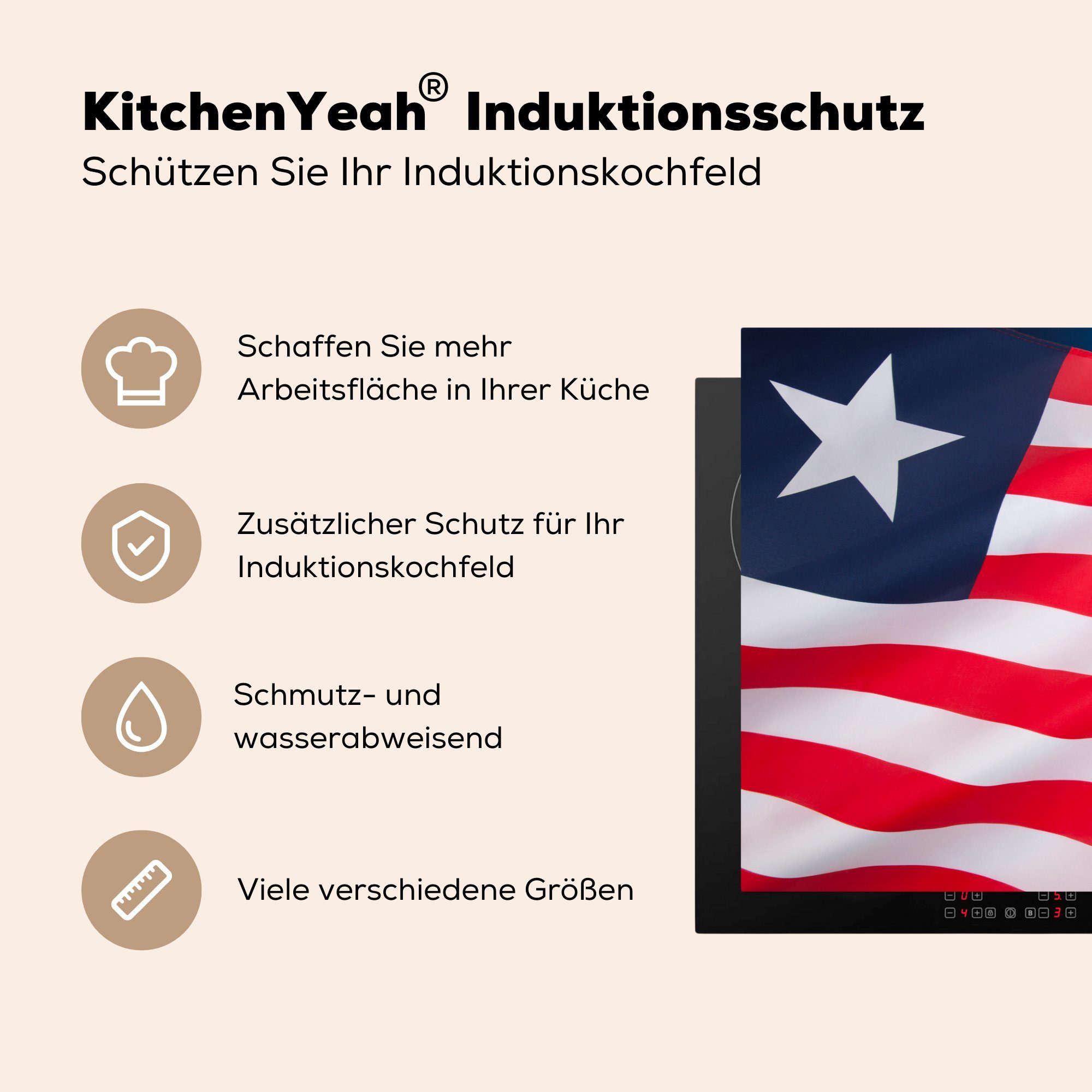 Vinyl, tlg), schwarzem Herdblende-/Abdeckplatte von für (1 die blauem 81x52 Schutz Flagge und Liberia MuchoWow Ceranfeldabdeckung Hintergrund, küche, auf Induktionskochfeld cm,