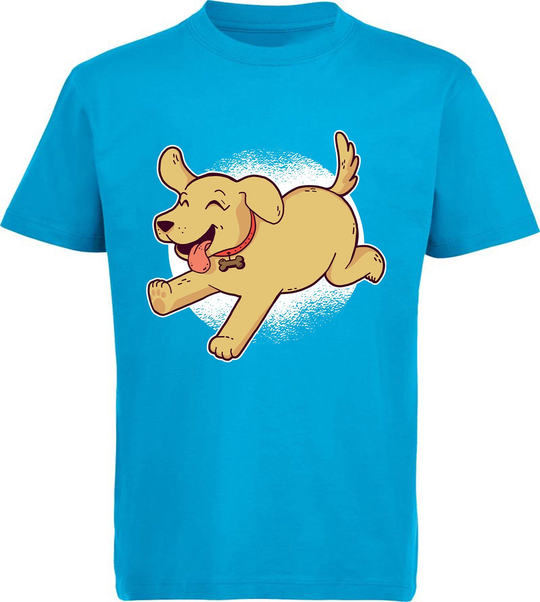 MyDesign24 T-Shirt Kinder Hunde Print Shirt bedruckt - Spielender Labrador Welpe Baumwollshirt mit Aufdruck, i248 aqua blau