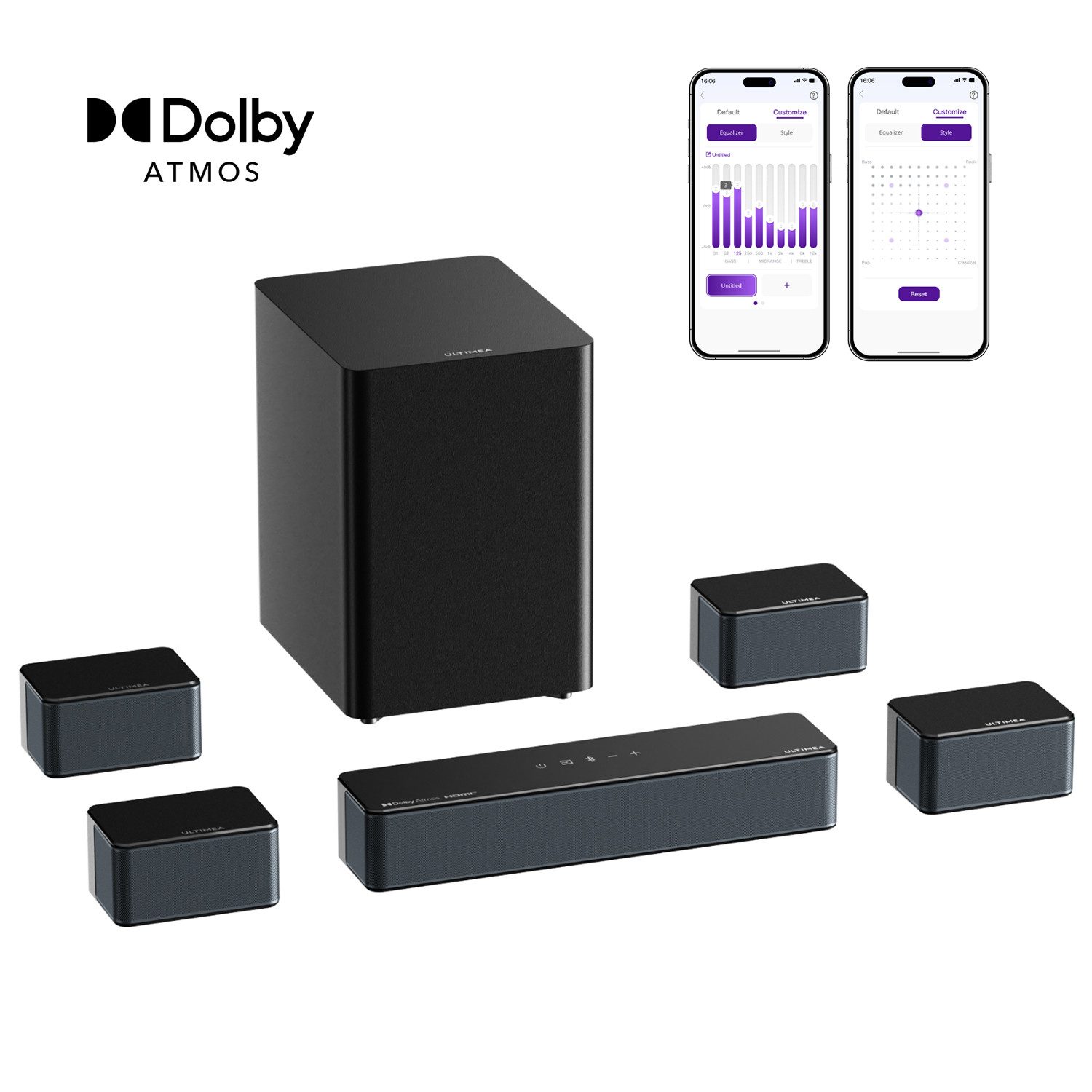 Ultimea Poseidon D80 Boom Soundbar 7.1 Surround Sound System für TV mit Dolby Atmos (HDMI, Bluetooth, 500 W, 4 kabelgebundene Surround-Lautsprecher, 6.5“ Wireless Subwoofer)