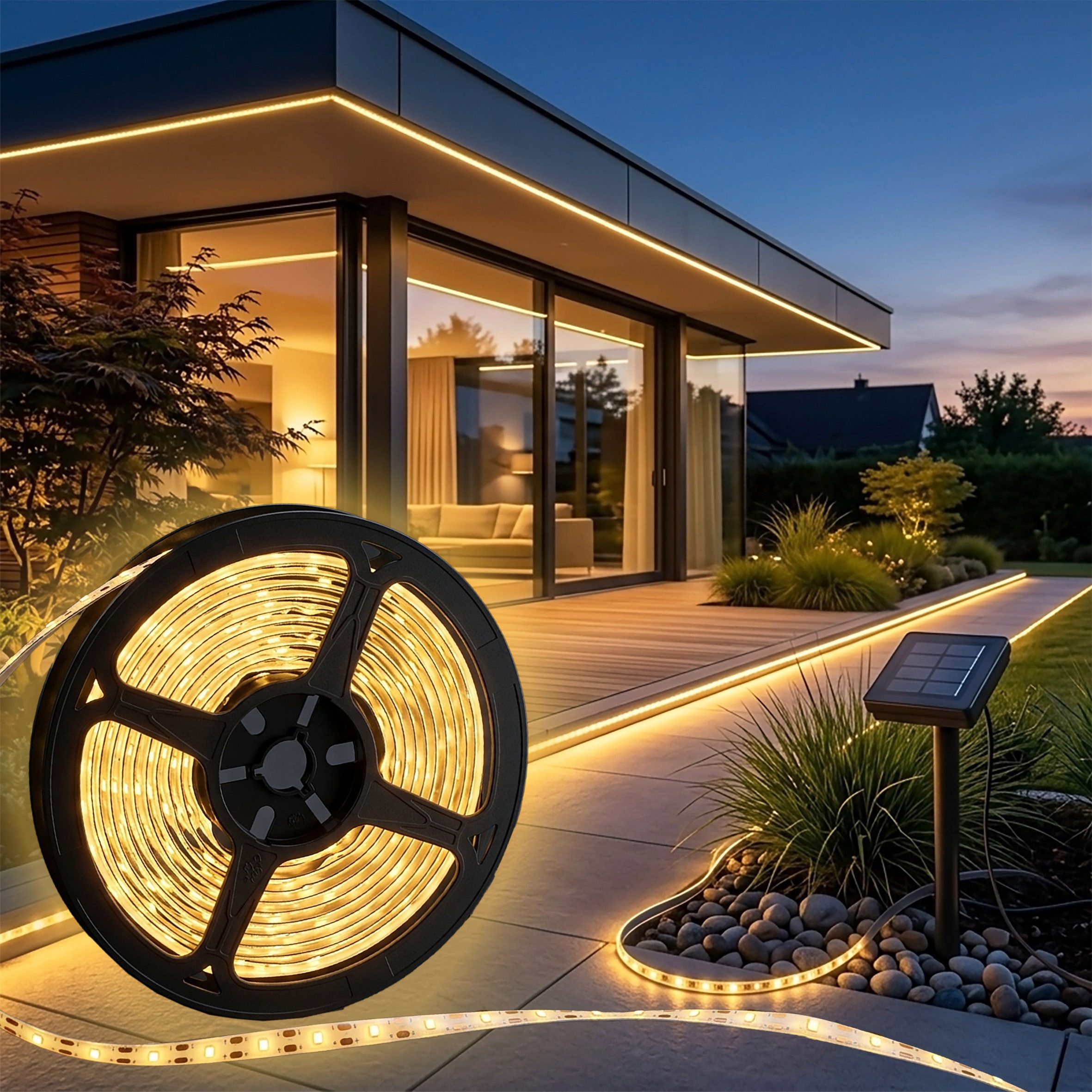 Spetebo LED Stripe Outdoor Solar Lichtstreifen selbstklebend, 120-flammig,Solar LED Stripe selbstklebend warm weiß 200 cm für Außen