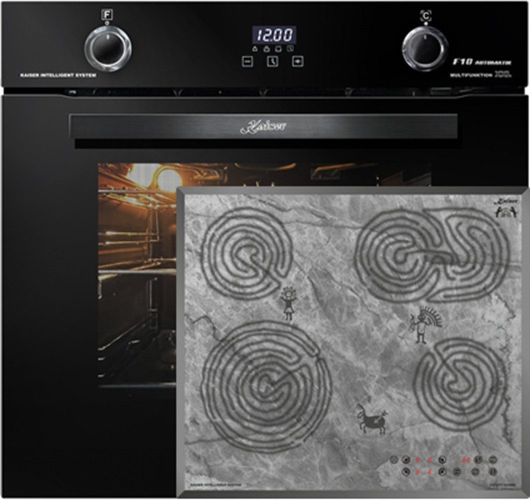 Kaiser Küchengeräte Backofen-Set Herd Set Autark Elektro Backofen, Autark, 79L, Drehspieß, Einbau Backofen,10Funktionen+Sehr Exklusives Kochfeld Autark 60cm mit Höhlenmalereimotiv EH 6367+KCT 6115 F Ära., mit 1-fach-Teleskopauszug
