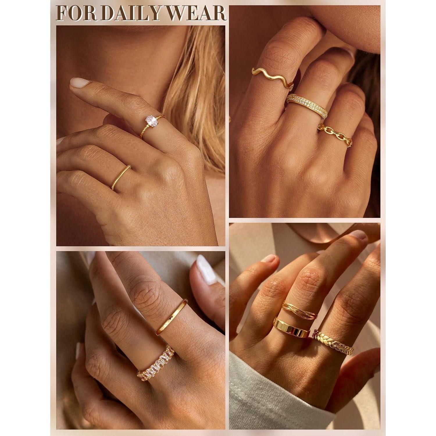 LuxusKollektion Ring-Set 10Pcs Verstellbare Ringe Set Damen Gold 14 Karat Vergoldet - Bandringe