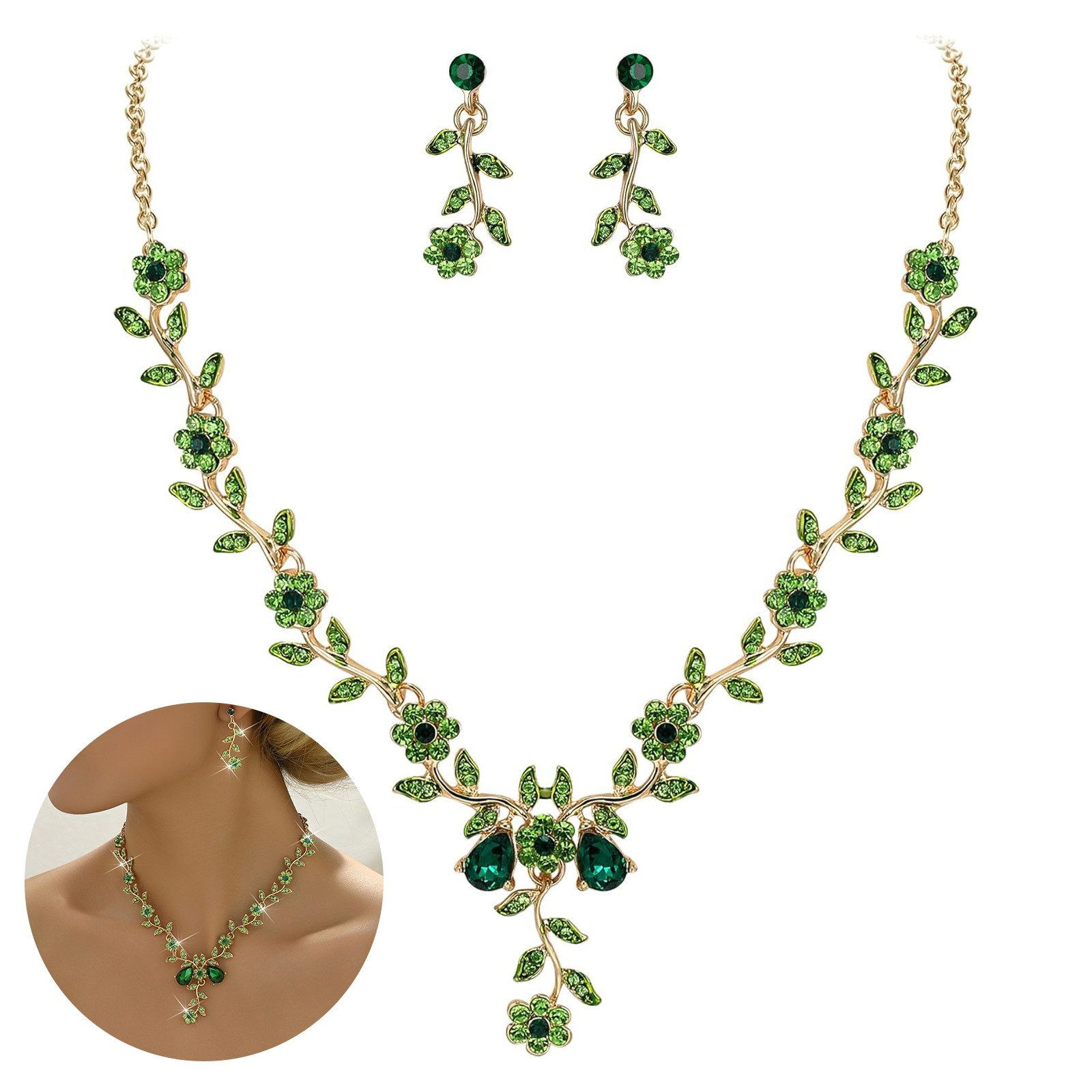 Schmuckset Hochzeitsschmuck-Set Blumen-Ohrringe und Strass-Halskette Goldgrün