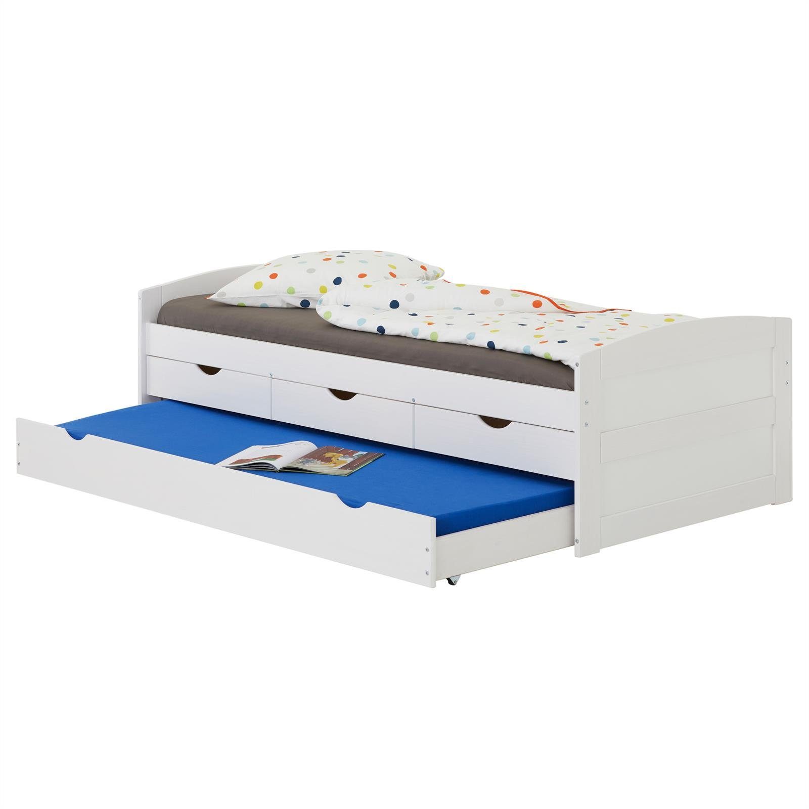 massiv Stauraum Bett IDIMEX JESSY, weiß JESSY mit Funktionsbett Jugendbett, Bett cm 90x200 Kiefer