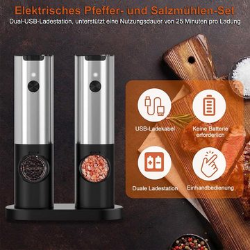 DTC GmbH Pfeffermühle Salz und Pfeffermühle Elektrisch mit Basis, Wiederaufladbare USB Automatischer Betrieb Salzmühle mit LED-Licht, Edelstahl-Einhand-Küchenhelfermühle, Einstellbare Grobkörnigkeit