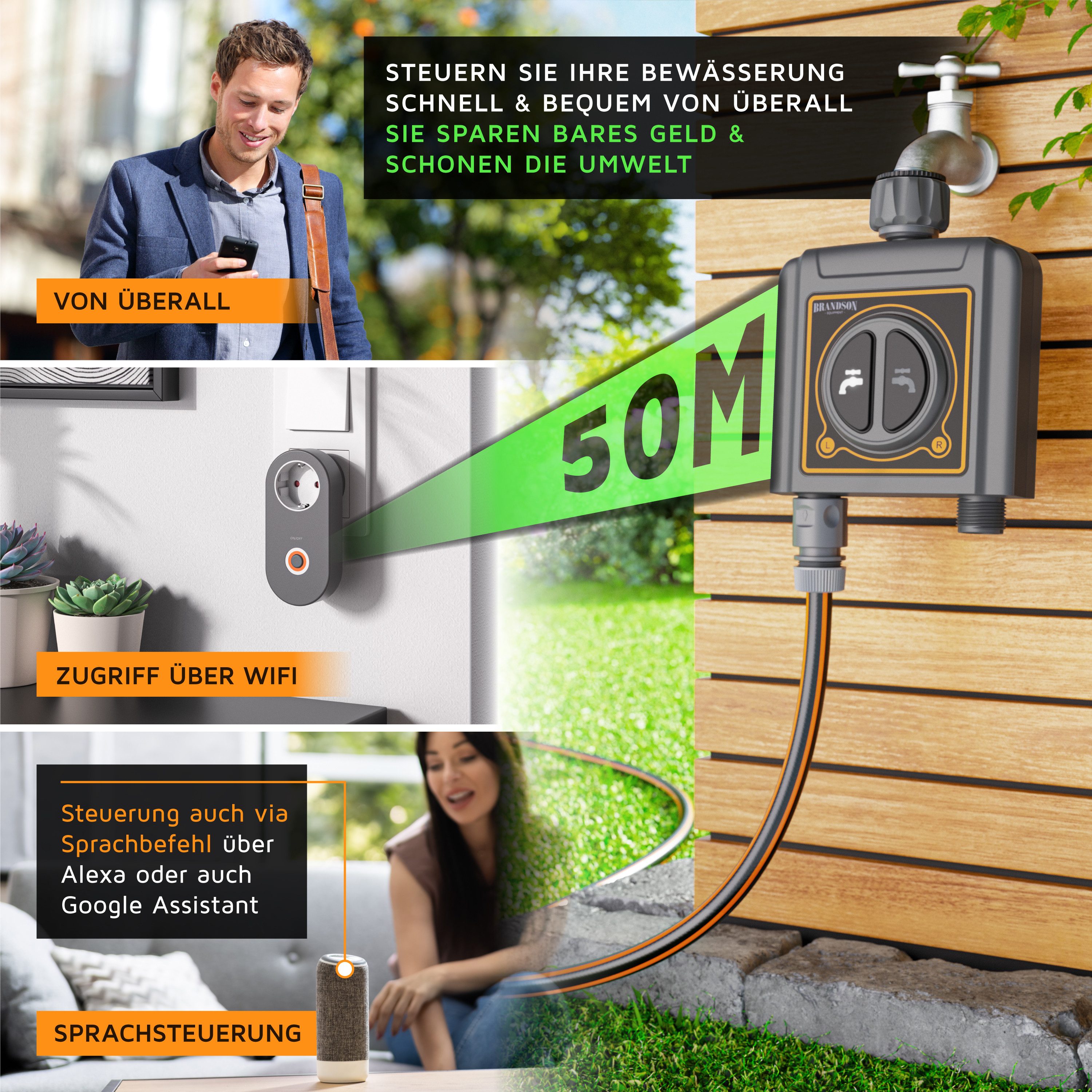 Brandson Bewässerungssteuerung WiFi Bewässerungsuhr, Bewässerungssystem, automatische Bewässerung, (4-tlg., 2-Zonen Wasserzeitschaltuhr), Bewässerungscomputer mit WLAN Verbindungssteckdose, Bewässerungssystem