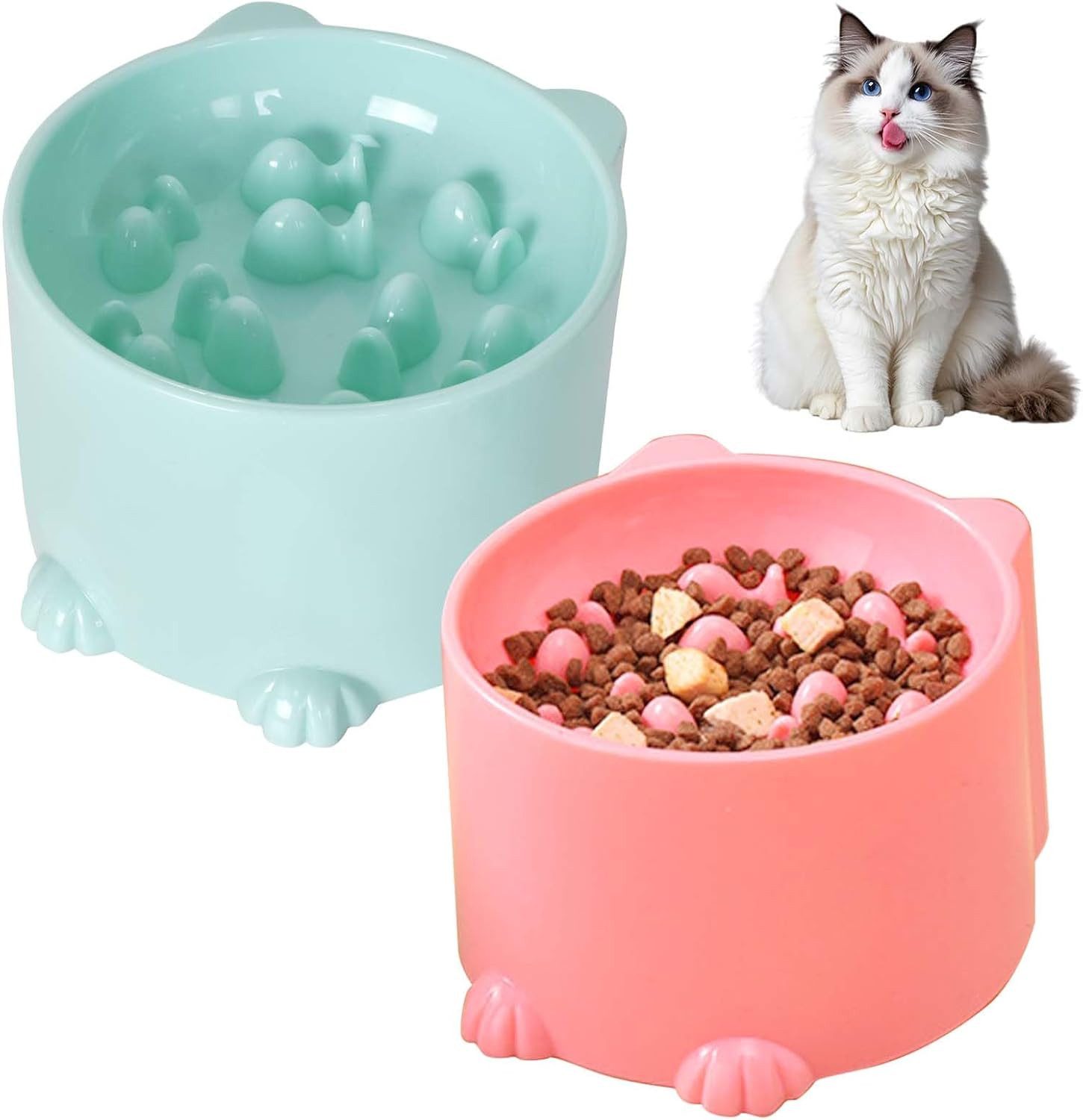 FELIXLEO Antischlingnapf 2 Stück Anti Schling Napf Katze Erhöht Slow Feeder Grün Rosa