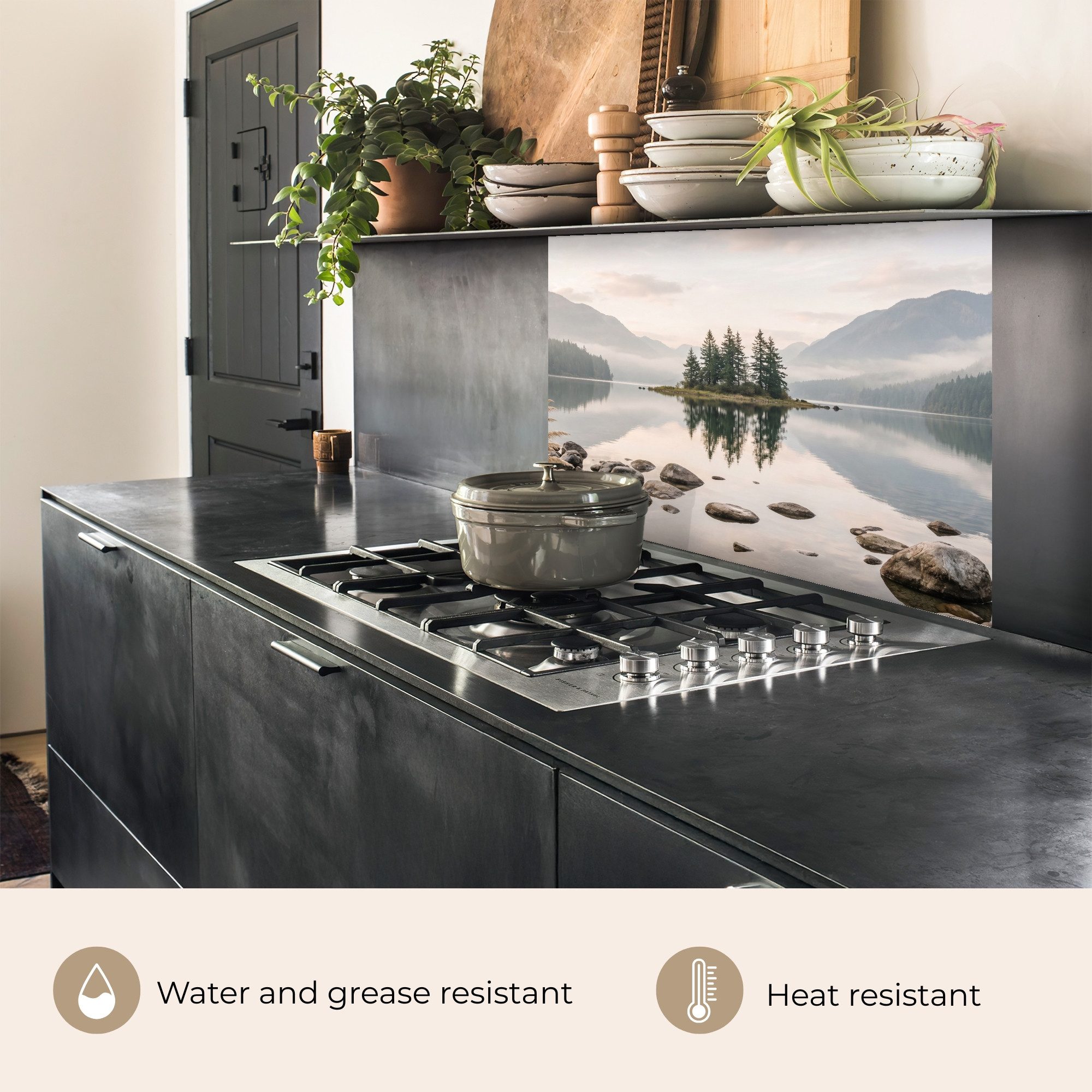 KitchenYeah Küchenrückwand selbstklebend (keine Folie) See - Berge - Landschaft - Grün, (1-tlg), Spritzschutz, Küche, Rückwand, Küchenwand, Küchenfront, 80x60 cm