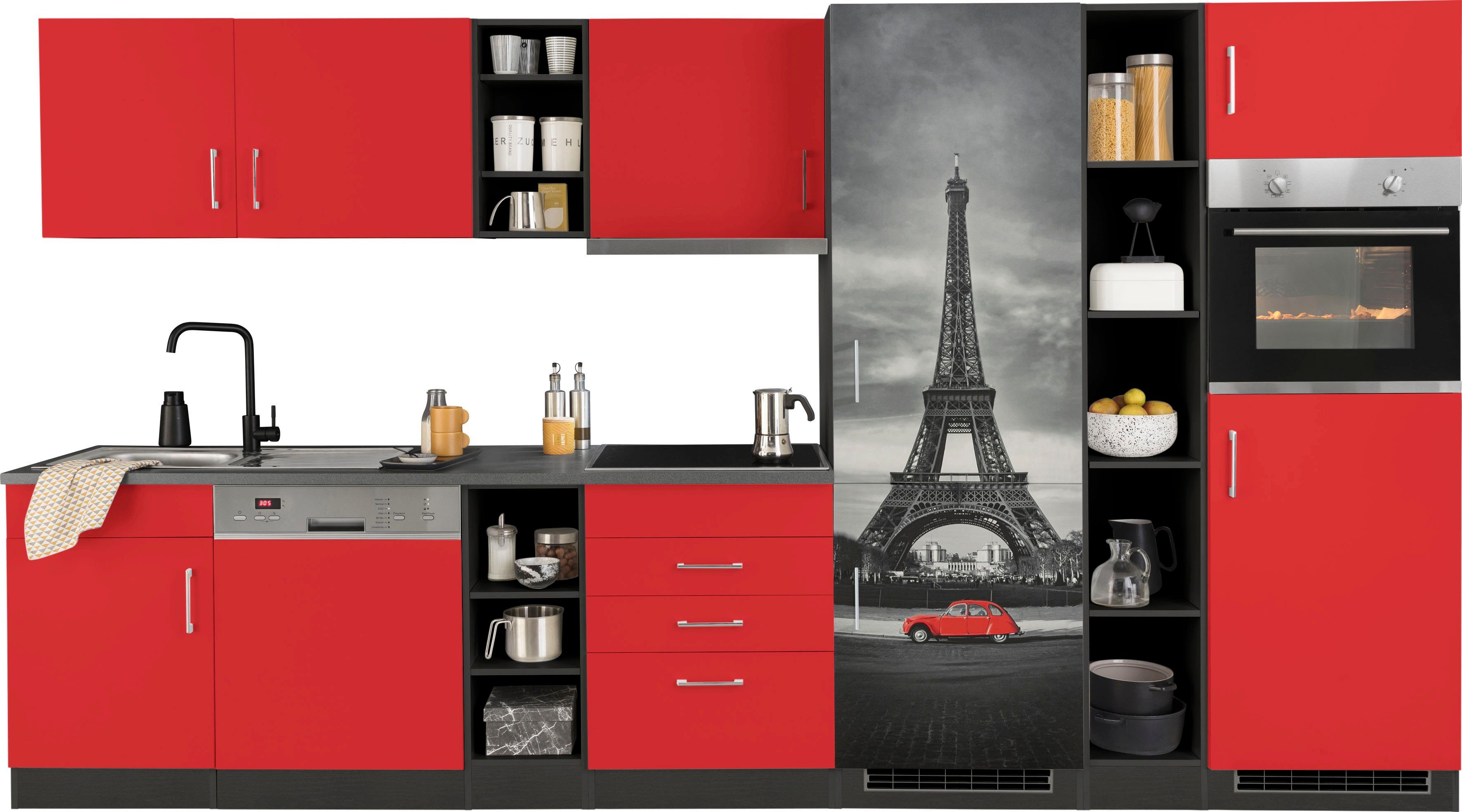 HELD MÖBEL Küchenzeile Paris, mit E-Geräten, Breite 350 cm, mit großer  Kühl-Gefrierkombination