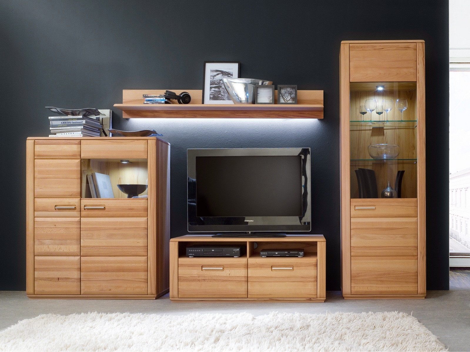 Empinio24 Wohnwand Sanremo, (Spar-Set, 4-St., bestehend aus: Highboard, TV-Lowboard, Vitrine, Wandboard), Gesamtbreite 319 cm, Kernbuche teilmassiv