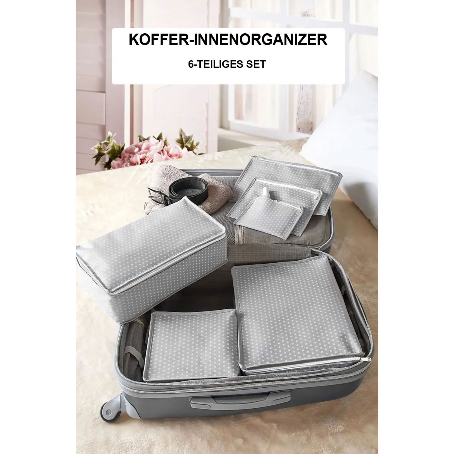 Jungengel Taschenorganizer Koffer Organizer Set 6-teilig Reise Taschenbeutel Grau Punkte (Reise-Organizer-Set / Koffer-Innenorganizer-Set, 6-tlg., 6-teiliges Koffer-Organizer-Set ohne Netz), Kofferbeutel, Packtaschen, Reise Set, Reißverschluss, Unisex