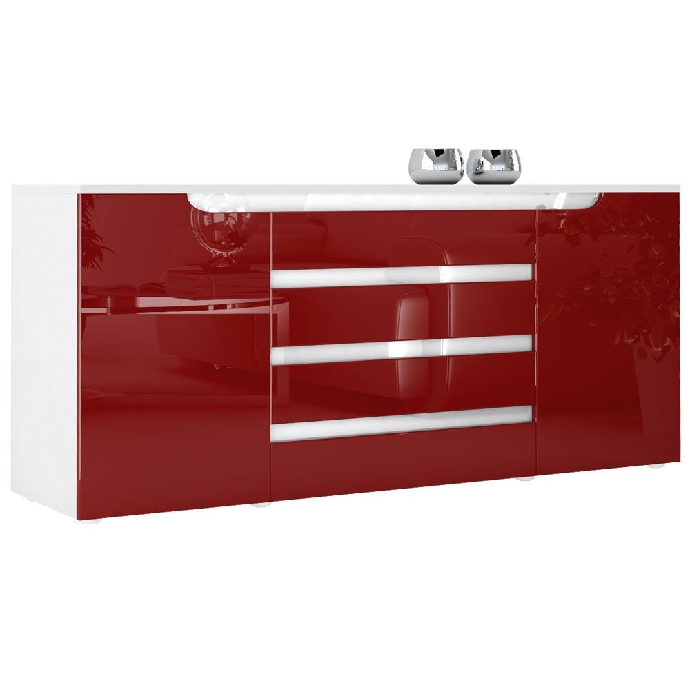 Vladon Sideboard Sintra V2 (Kommode, mit 2 Türen und 4 Schubladen), Weiß matt/Bordeaux Hochglanz/Weiß Hochglanz (166 x 72 x 35)