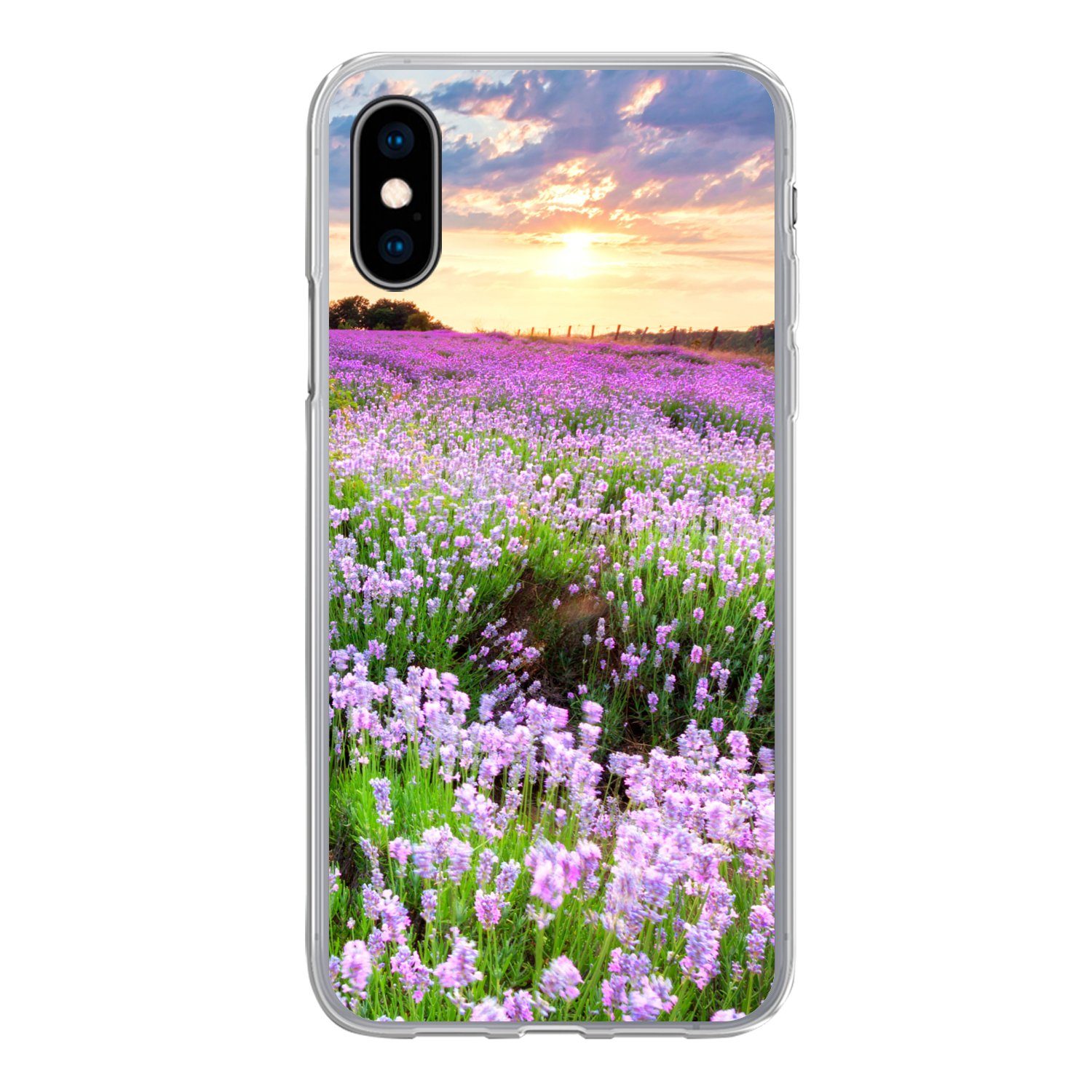 MuchoWow Handyhülle für Apple iPhone X Blumen - Lavendel - Lila - Himmel - Sonnenuntergang, Smartphone-Bumper, Print, Handy Schutzhülle Dünn