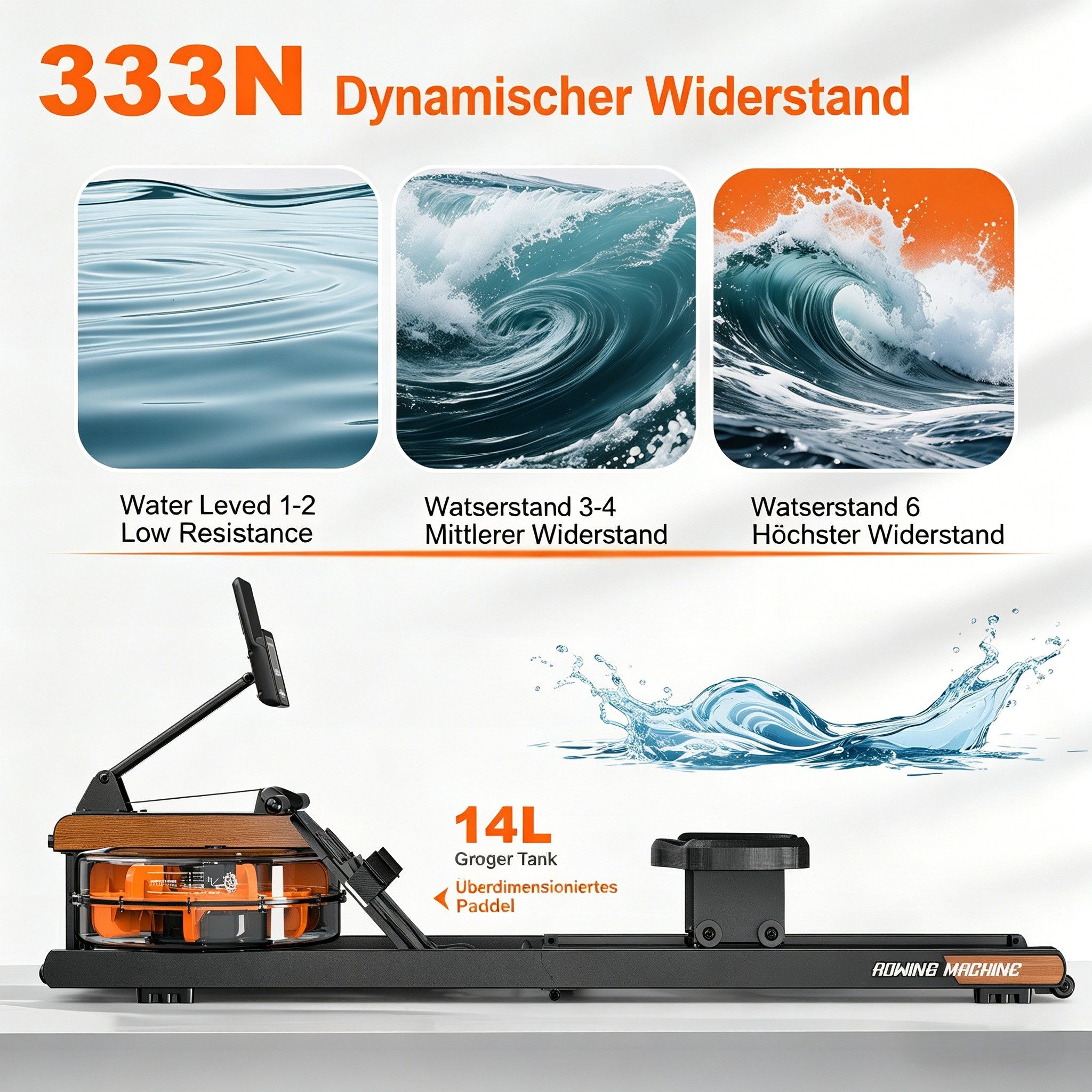 VOWVIT Rudergerät Klappbares Wasserrudergerät mit immersiver Trainingserfahrung (1-tlg), Bluetooth-Display, 98 % vormontiert, belastbar bis 160 kg