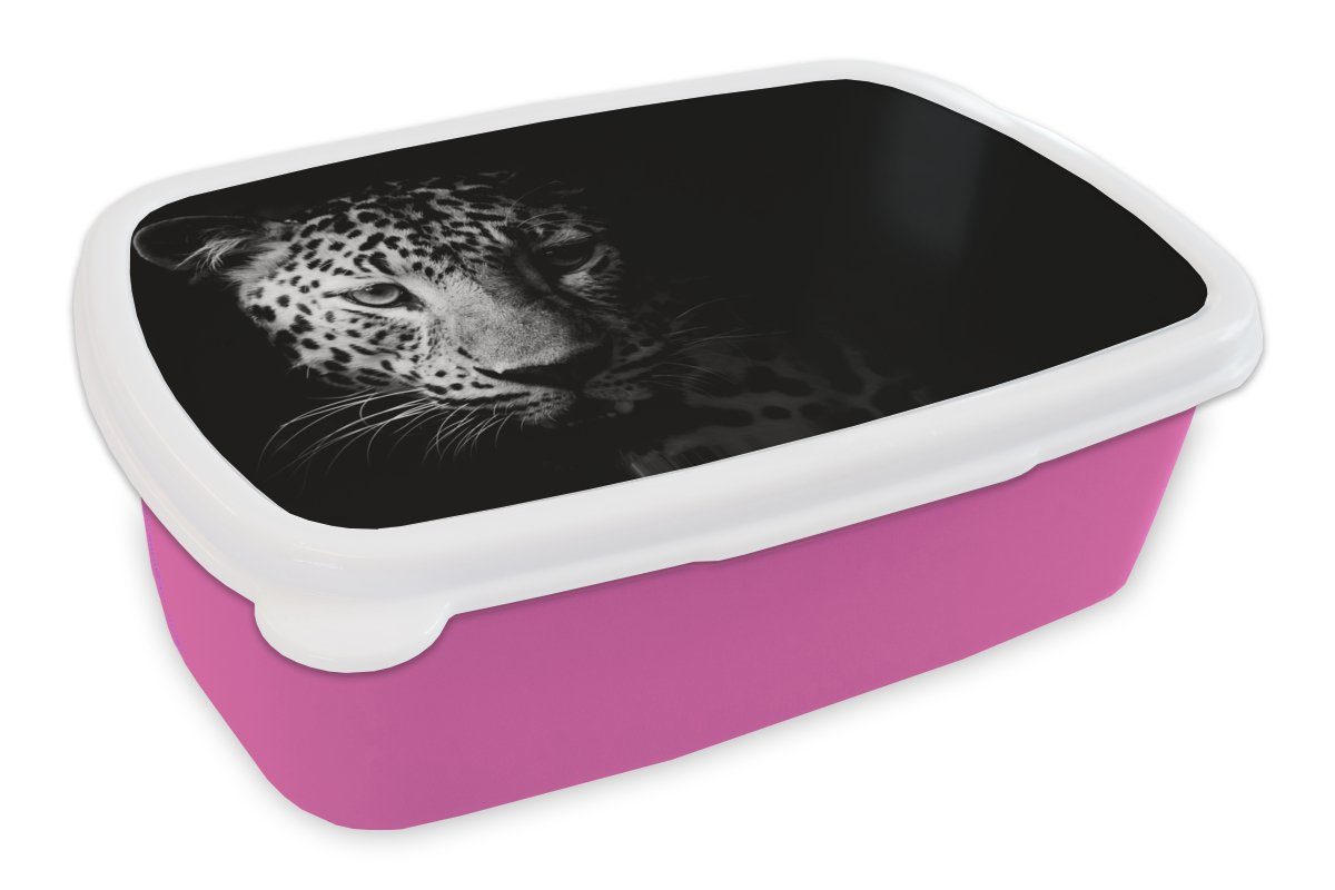 MuchoWow Lunchbox Panther - Wildtiere - Schwarz und weiß - Tiere, Kunststoff, (2-tlg), Brotbox für Erwachsene, Brotdose Kinder, Snackbox, Mädchen, Kunststoff rosa