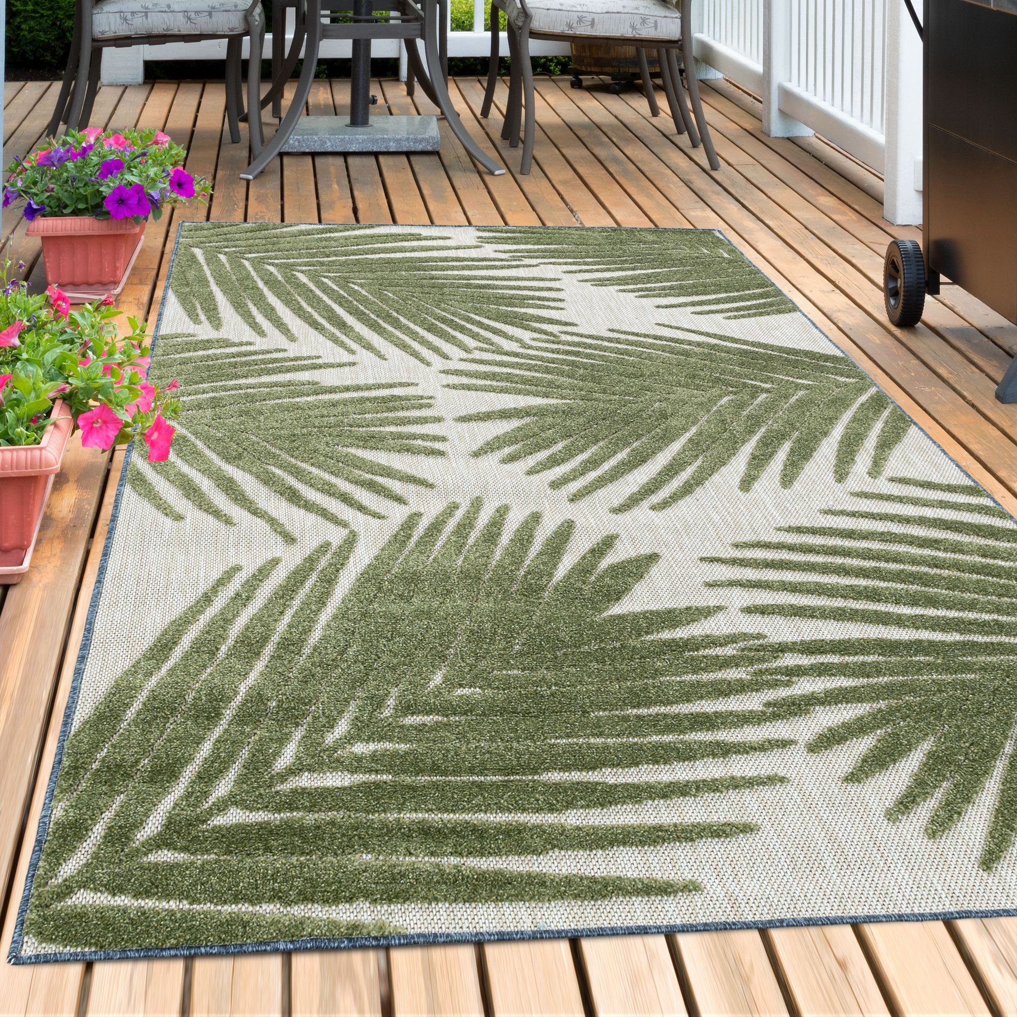 Outdoorteppich Palmen-Design, Carpetsale24, Läufer, Höhe: 10 mm, Outdoor Teppich Grün 3D Palmen Design für Küchen Balkon Terrasse