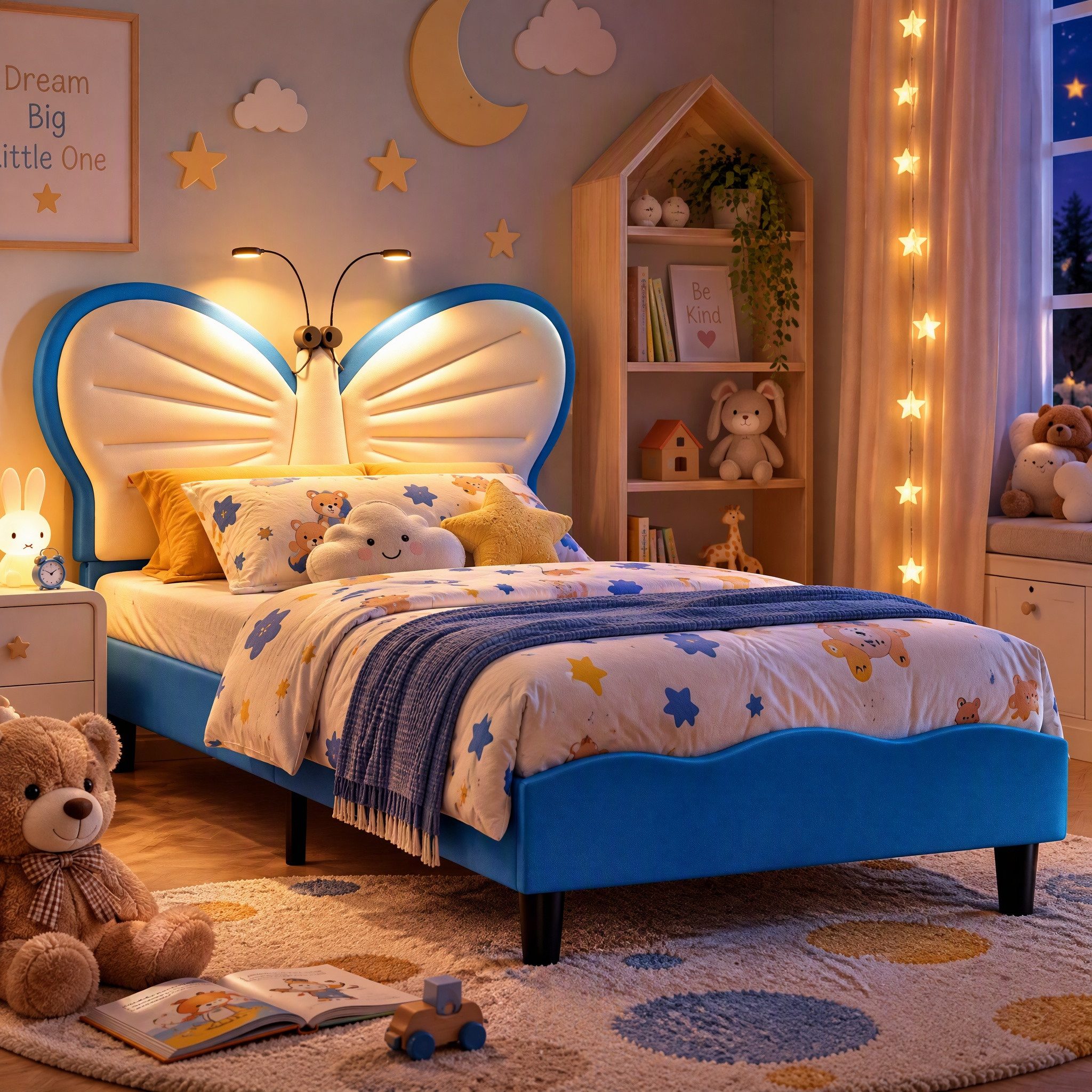 Furnishings Home Kinderbett Polsterbett LED mit Kopfteil 90x200 cm (Einzelbett mit LED-Beleuchtung), Geeignet für Jungen und Mädchen