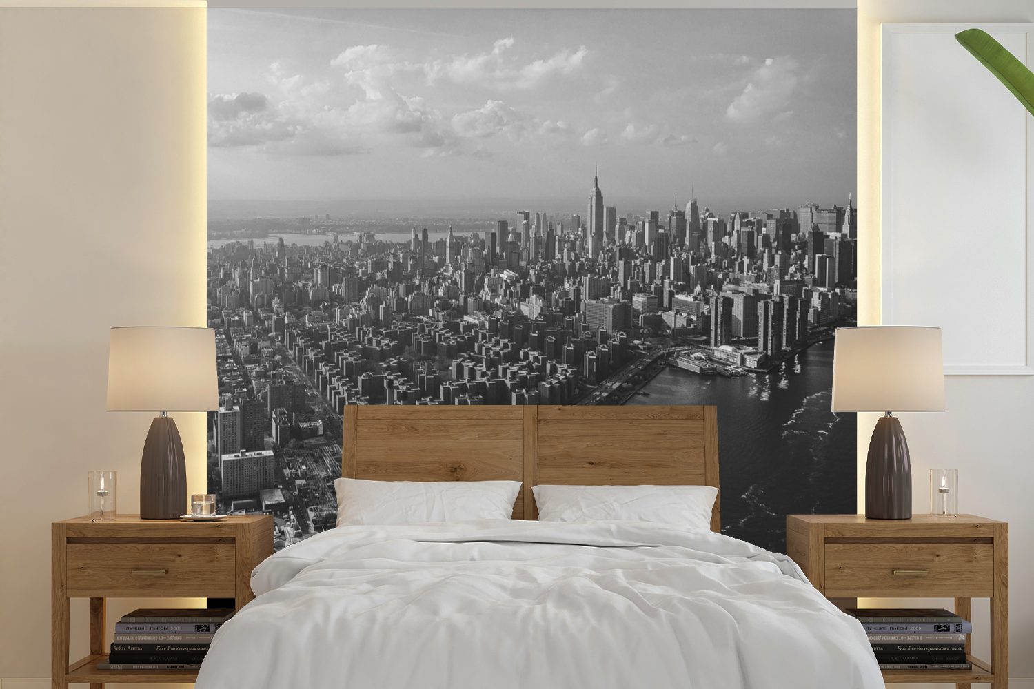 Manhattan, York von Luftaufnahme für MuchoWow Wandtapete New Vinyl Fototapete - Schlafzimmer, St), weiß, schwarz Wohnzimmer oder (5 bedruckt, Matt, und Tapete