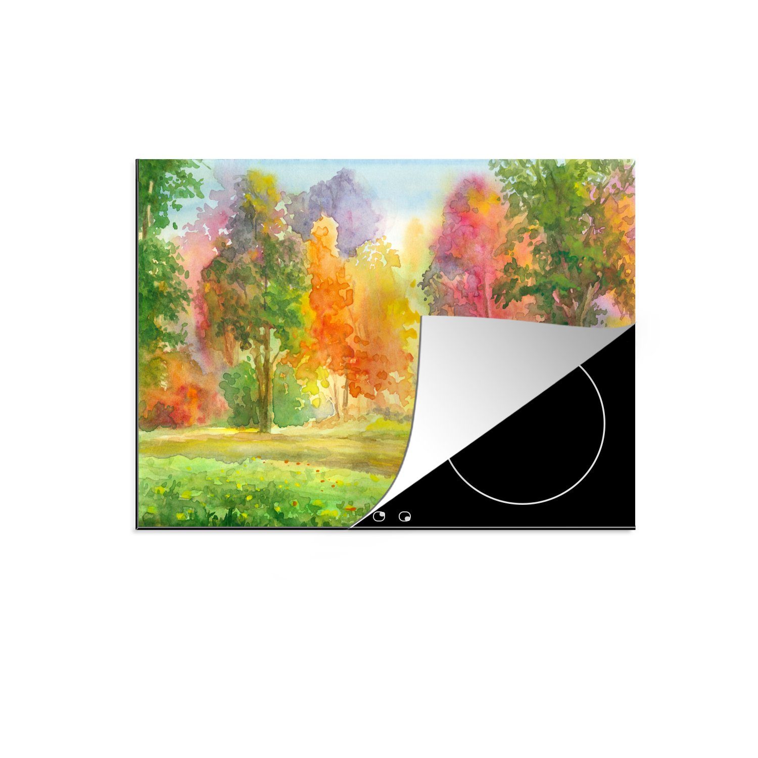 MuchoWow Herdblende-/Abdeckplatte Eine bunte Illustration von Bäumen, Vinyl, (1 tlg), 70x52 cm, Mobile Arbeitsfläche nutzbar, Ceranfeldabdeckung