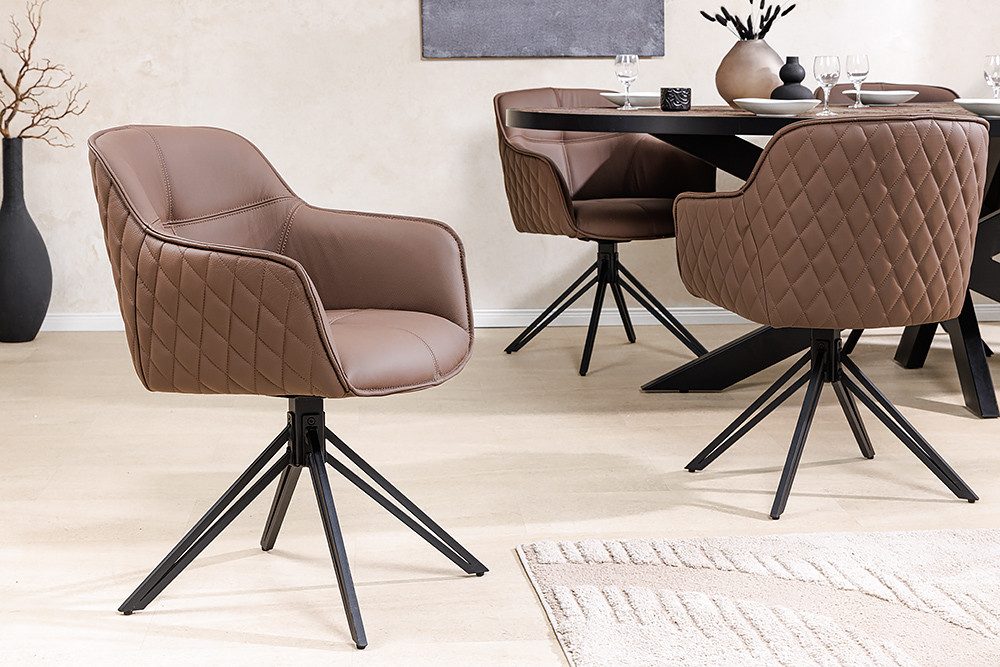 riess-ambiente Polsterstuhl EUPHORIA braun/schwarz – Echtleder, drehbar, Metall-Füße, mit Armlehne (Einzelartikel, 1 St), mit 180° Drehfunktion und Autoreturn – ideal für elegante Esszimmer