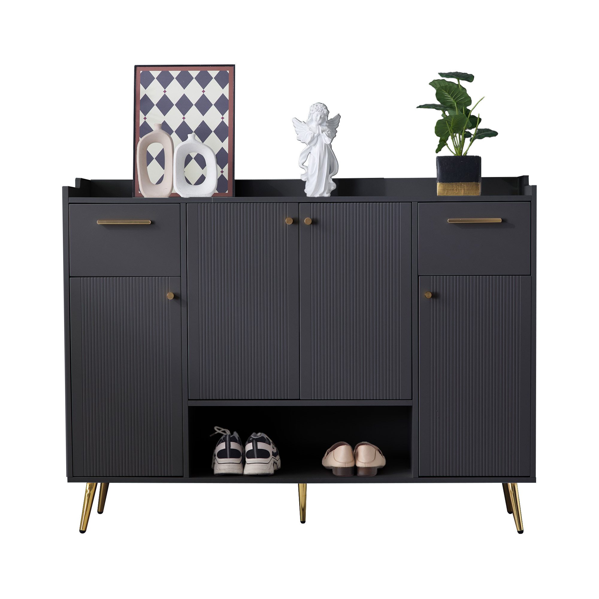 Merax Schuhschrank (H100/B130/T37 cm) Schuhregal mit 2 Schubladen und 4 Türen, Metallfüße, Sideboard