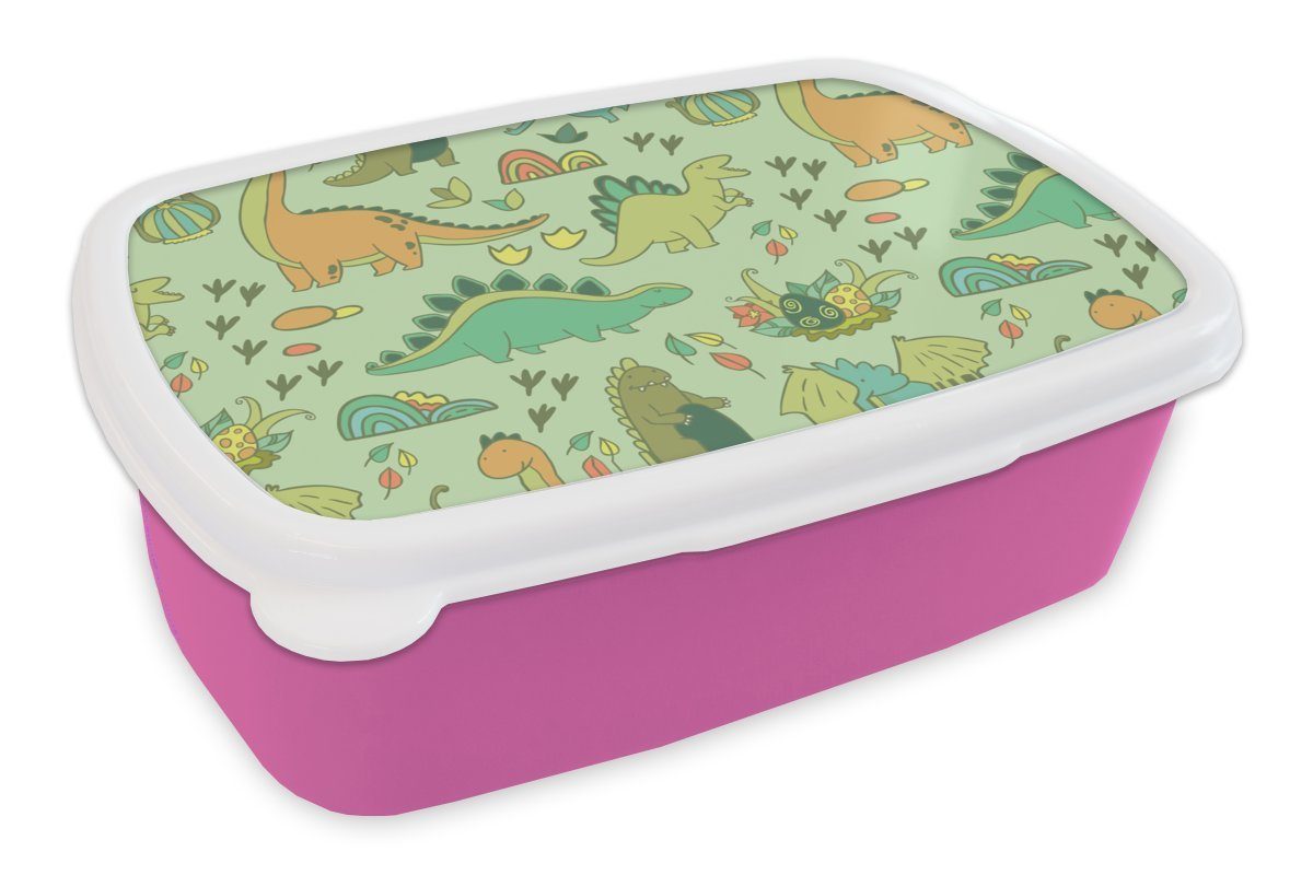 MuchoWow Lunchbox Muster - Dino - Grün - Kleiner Junge - Kind - Kinder, Kunststoff, (2-tlg), Brotbox für Erwachsene, Brotdose Kinder, Snackbox, Mädchen, Kunststoff rosa