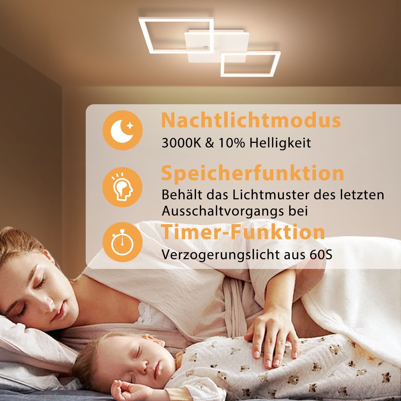 ZMH LED Deckenleuchte Wohnzimmer Schwarz/Weiß 3000-6500K Modern Deckenlampe Küche Büro, LED fest integriert, Warmweiß-Kaltweiß, Weiß Quadratisch 32W Küchenlampe – Bild 5 von 5