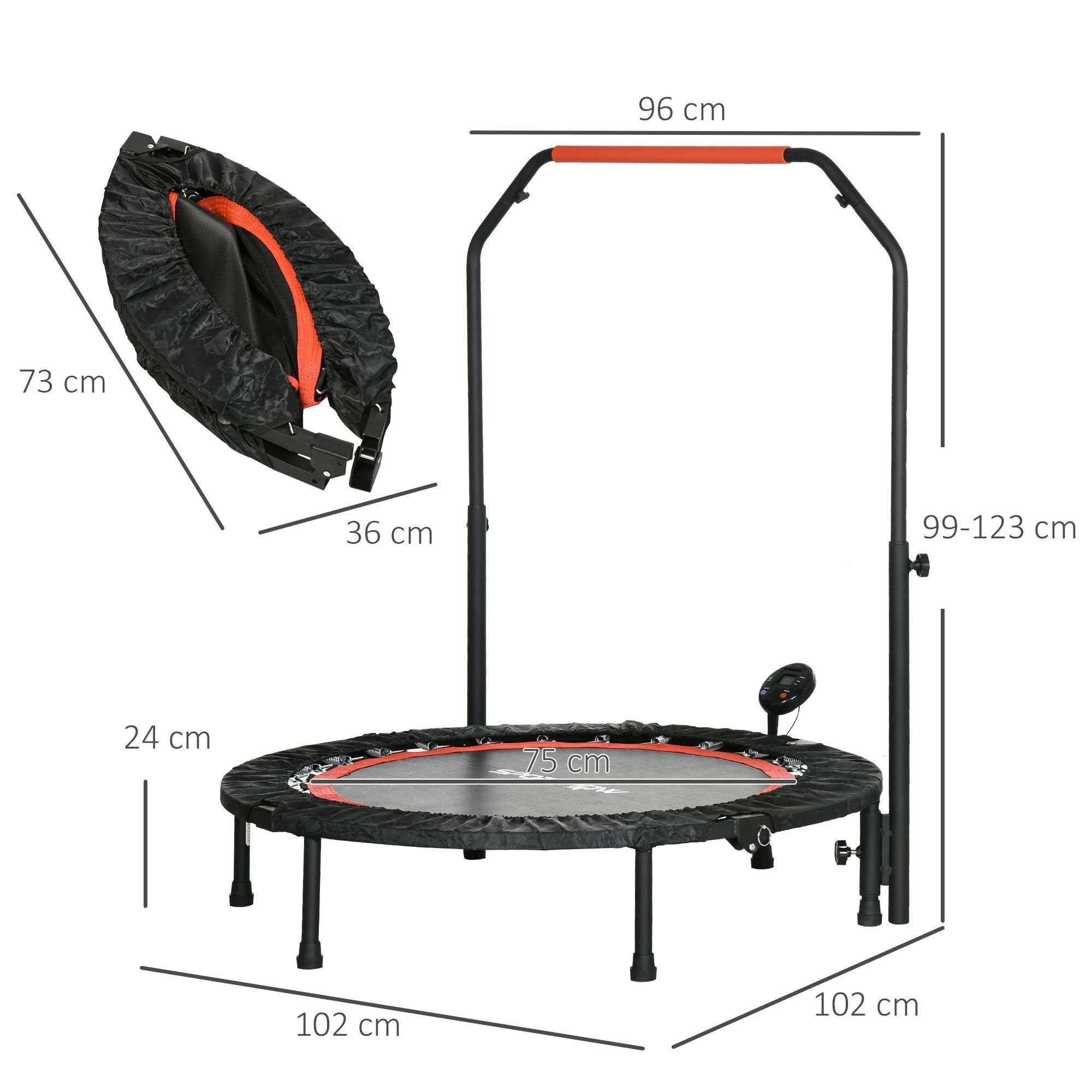 SPORTNOW Fitnesstrampolin mit Haltegriff, LCD-Monitor, Stahl, Ø 15 cm, (Fitness-Rebounder, 1 tlg., Fitness-Trampolin), für Erwachsene, bis 100 kg, 102 cm