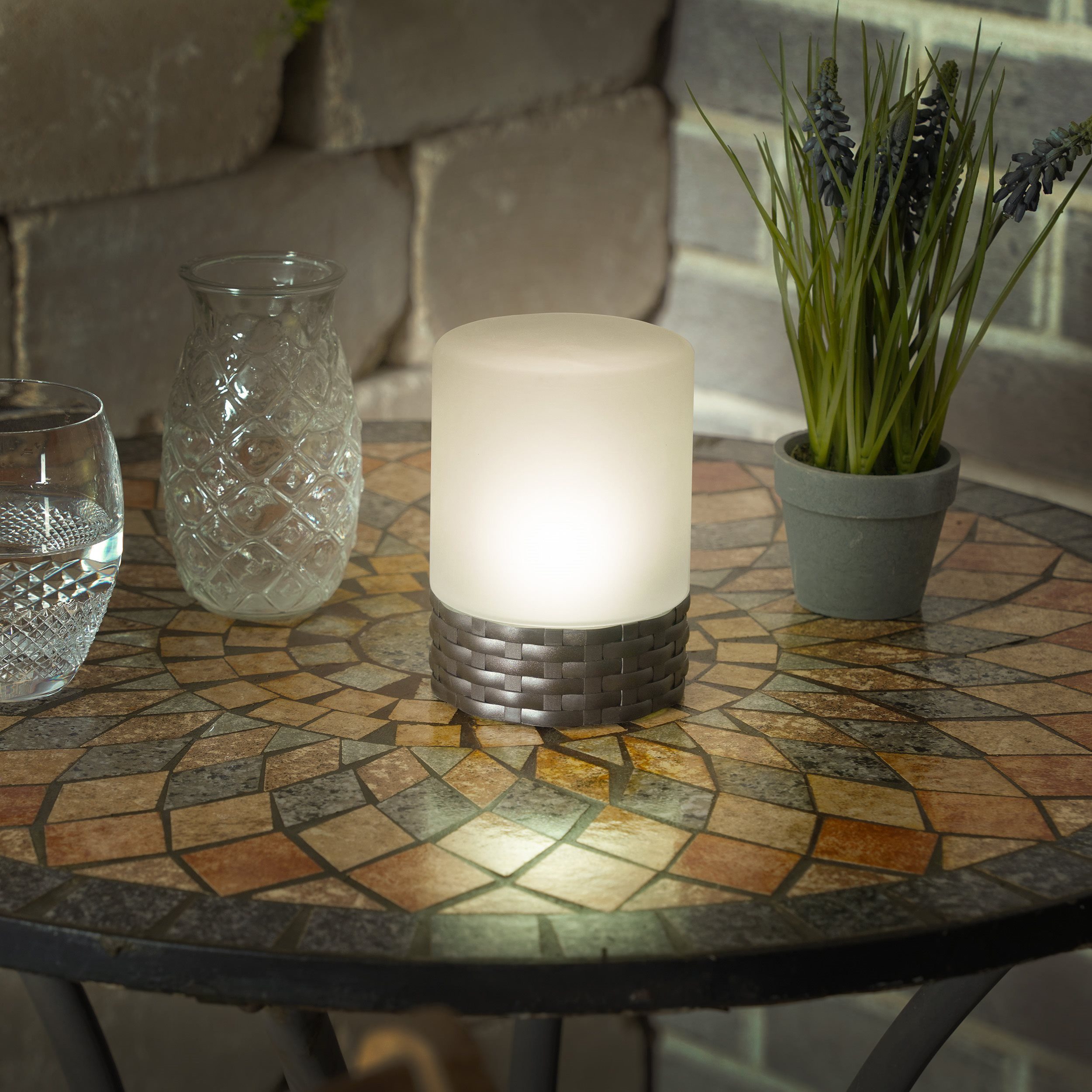 esotec LED Außen-Tischleuchte Solar Echtglas Tischleuchte Rattan Style, 4100K neutralweiß 102075