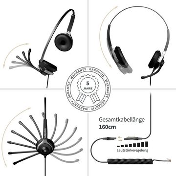 GEQUDIO für Yealink, Snom, Avaya, Grandstream Telefone mit RJ-Anschluss Headset (2-Ohr-Headset, 80g leicht, Bügel aus Federstahl, mit Wechselverschluss für mehrere Endgeräte, inklusive Anschlusskabel)